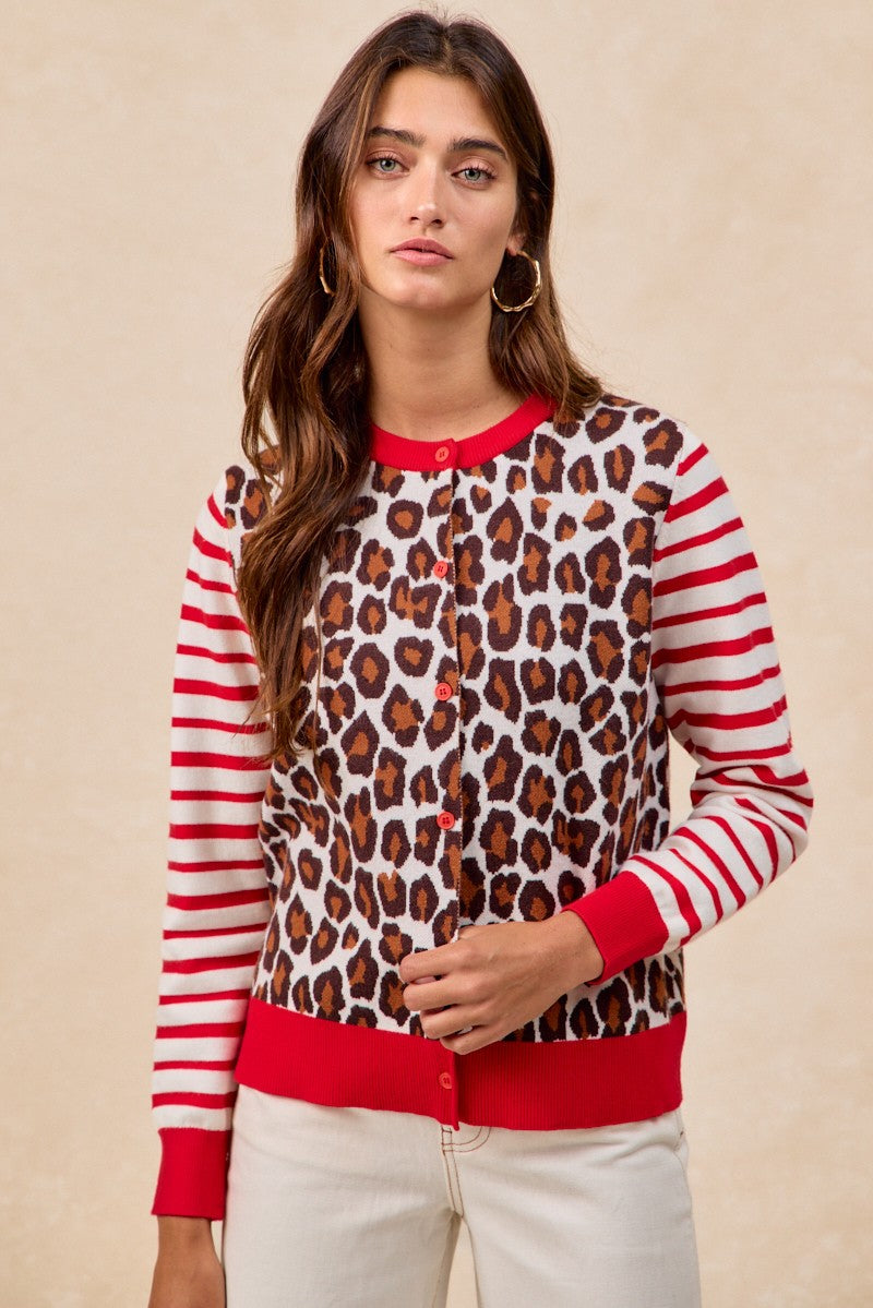 BiBi Leopard With Stripe Combo Buttoned Cardigan