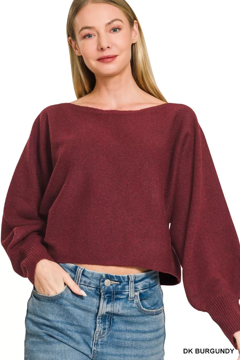 Zenana Boat Neck Balloon Sleeve Sweater