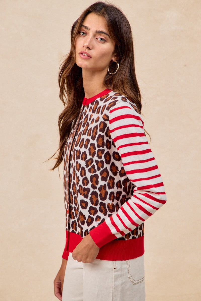 BiBi Leopard With Stripe Combo Buttoned Cardigan