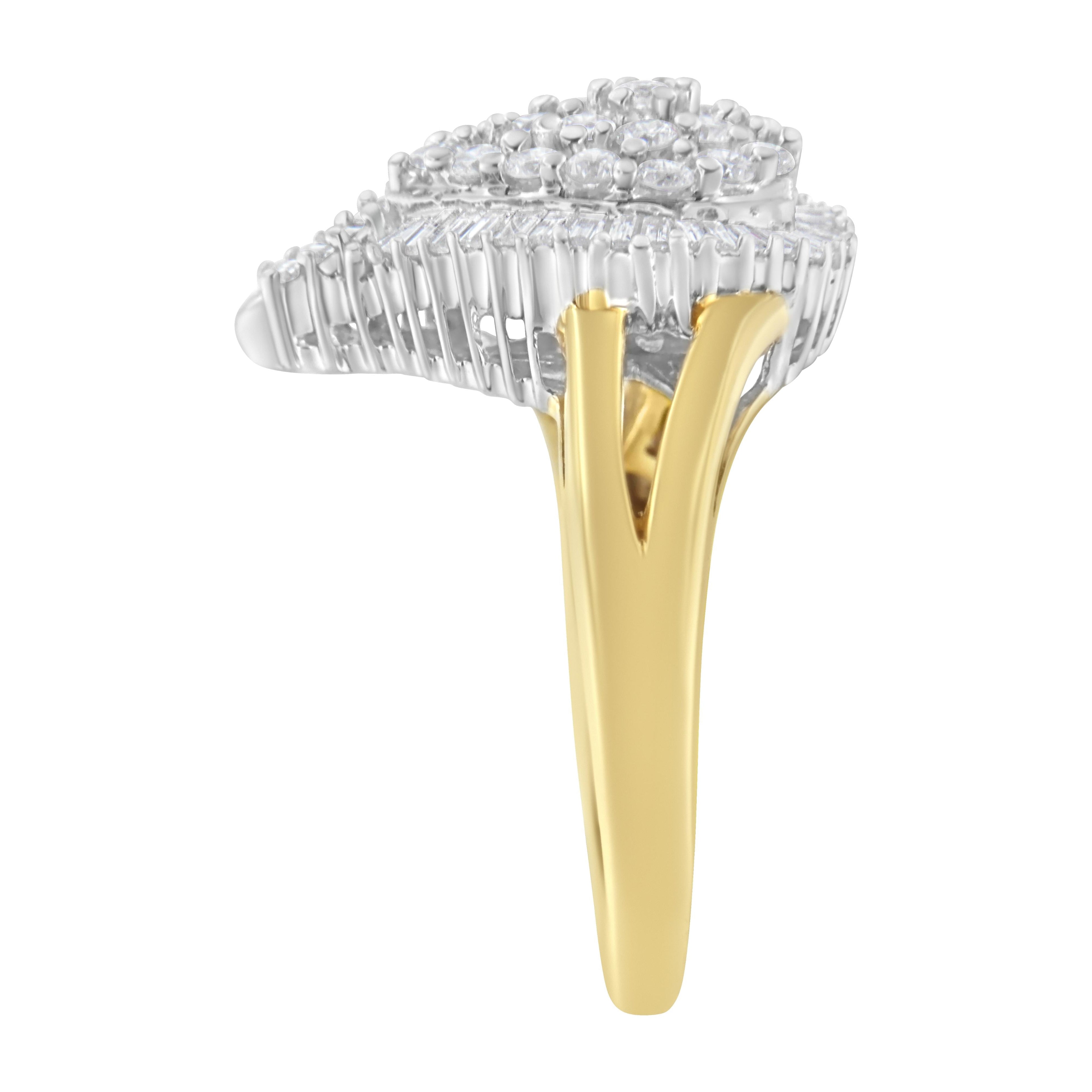 14K Yellow and White Gold 1.00 Cttw Round and Baguette-Cut Diamond Ballerina Cocktail Ring (H-I Color, SI2-I1 Clarity)