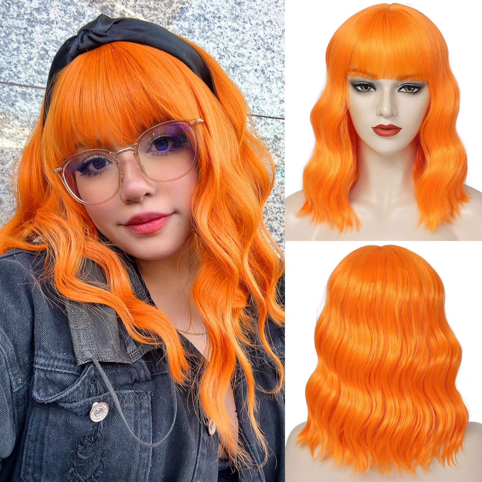 Orange Bob Wig with Bangs Short Wavy Wig for Women Ginger Loose Wavy Wig Shoulder Length Colorful Synthetic Wig for Girl Cosplay Halloween Costume Wigs
