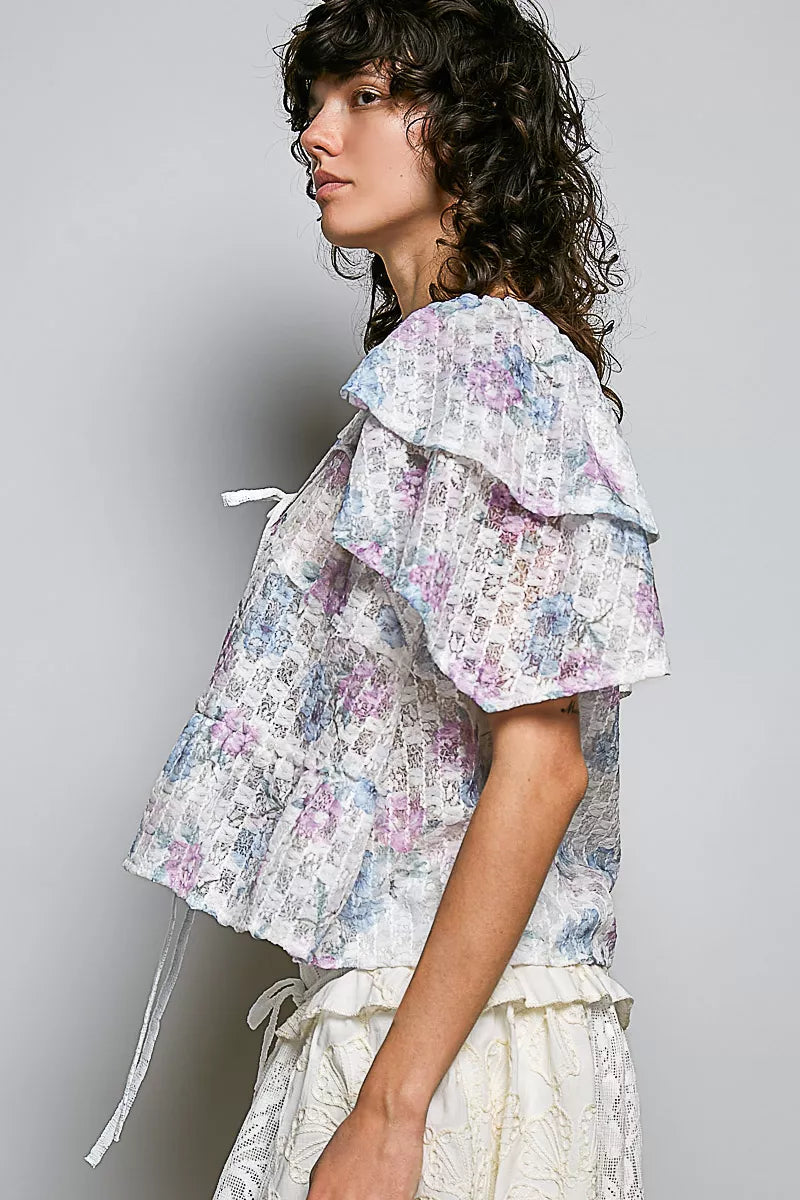 POL Lace Detail Floral Tie Front Ruffle Short Sleeve Blouse
