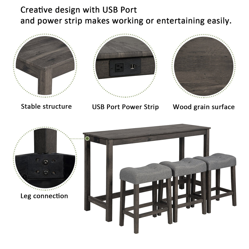 4 Piece Bar Table Set with Power Outlet, Bar Table Set with Chairs, Sofa Bar Table with Stools, Behind Couch Table with 3 Padded Stools, for Living Room, Dining room, Dark Gray
