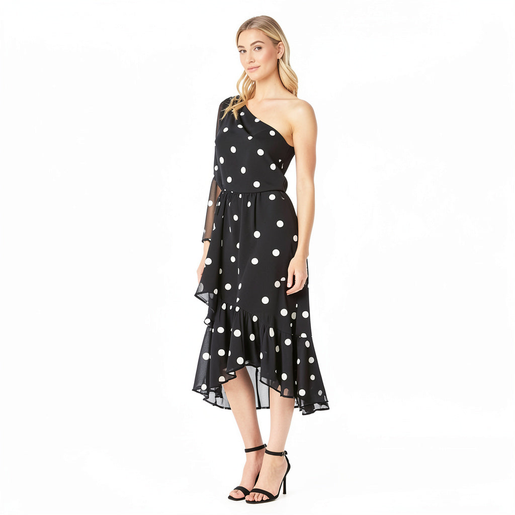 Lauren Ralph Lauren Womens Roshawna B/W Polka Dot Party Midi Dress Size 10