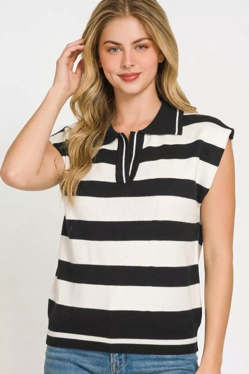 Zenana Viscose Striped Collared Sweater Vest