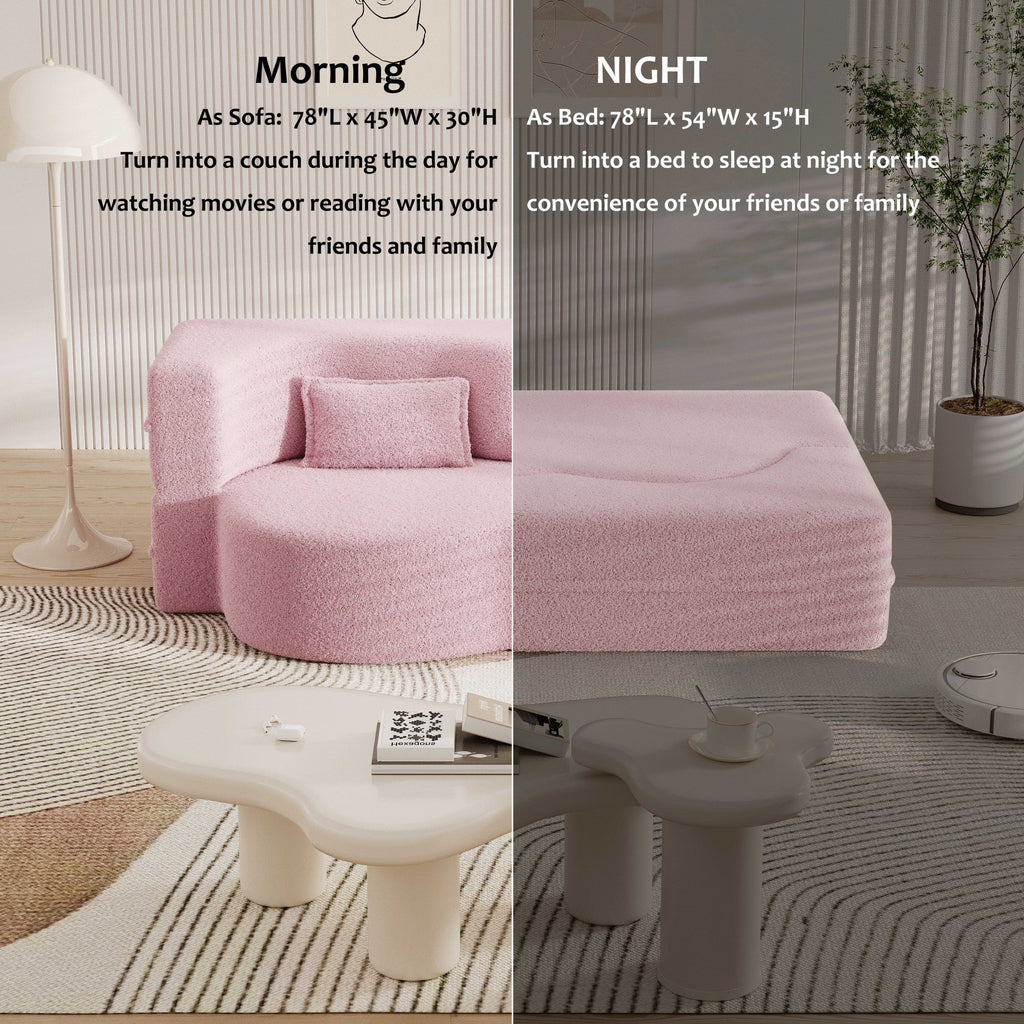 Modern Floor Sofa with 2 Pillows,Convertible Teddy Fabric Foam Filled Sleeper Sofa Bed,15 ' Full Size Folding Mattress for Living Room,Guest Bed,Playroom,No Assembly Required,Pink