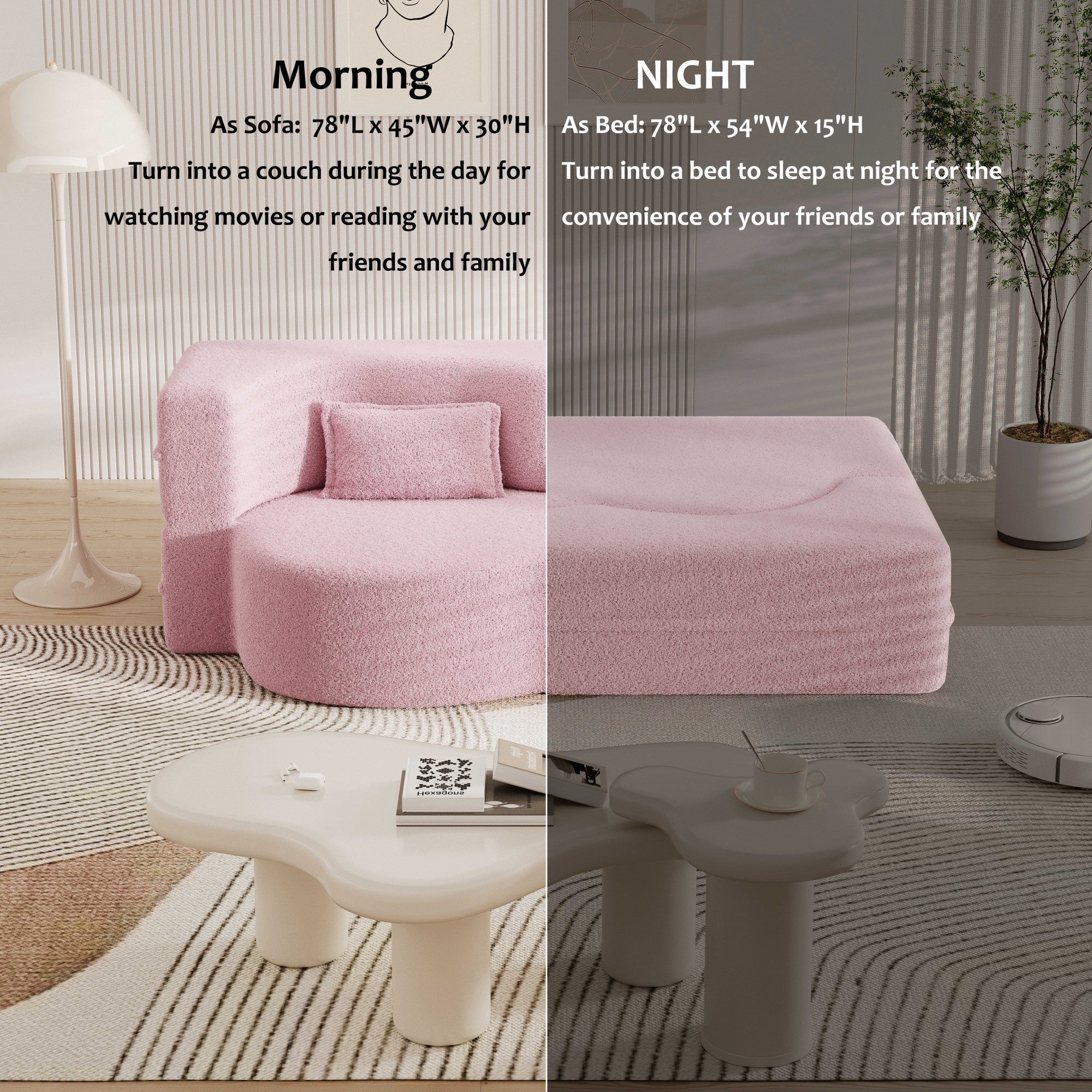 Modern Floor Sofa with 2 Pillows,Convertible Teddy Fabric Foam Filled Sleeper Sofa Bed,15 ' Full Size Folding Mattress for Living Room,Guest Bed,Playroom,No Assembly Required,Pink
