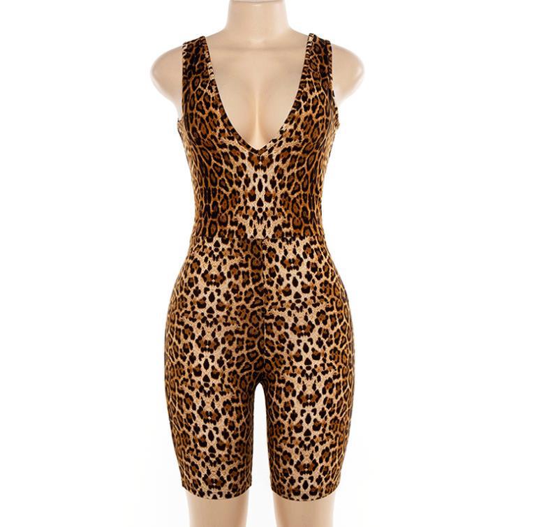 Summer Women's Sleeveless V-Neck Leopard Jumpsuit