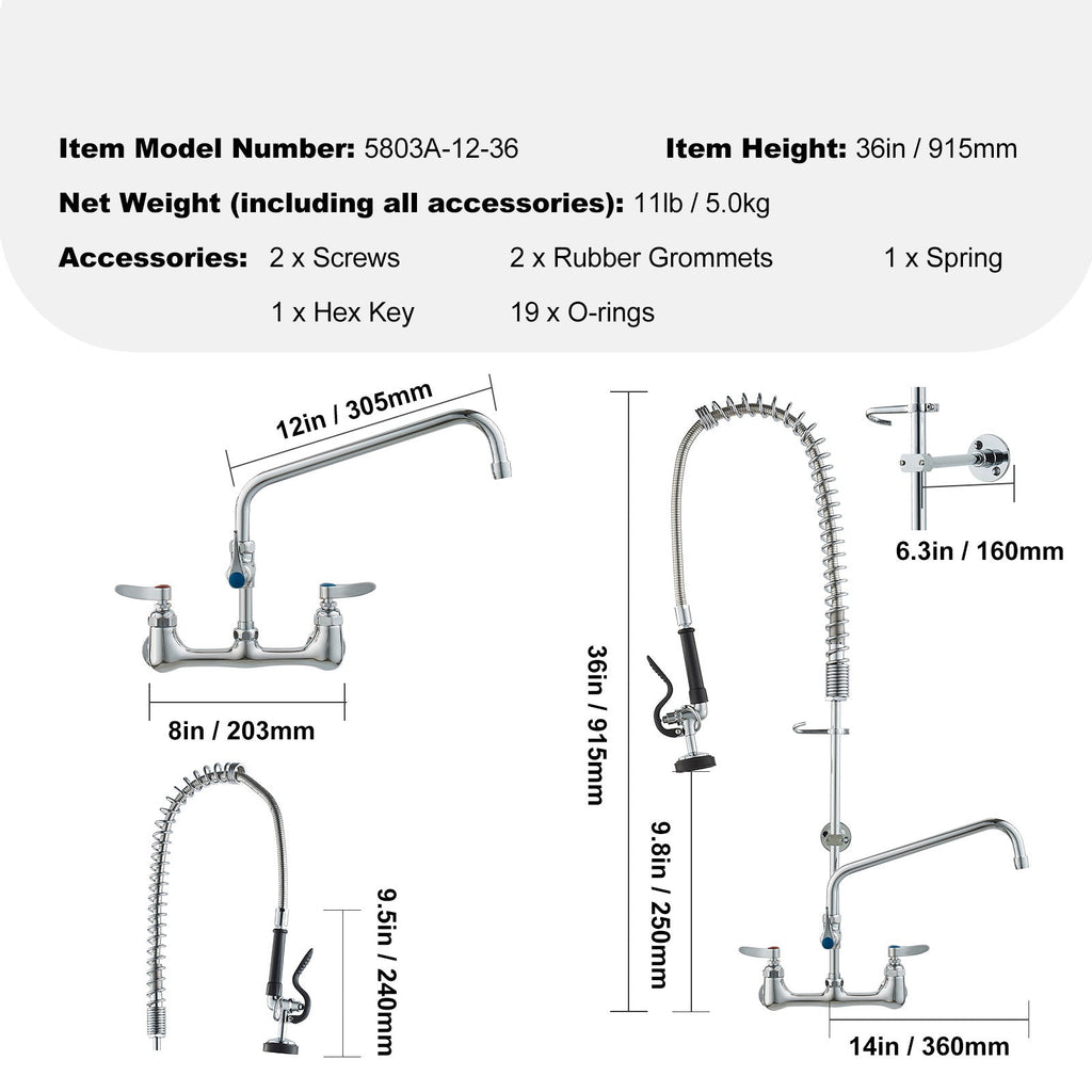 Commercial Faucet with Pre-Rinse Sprayer, 36' Height, 8' Center, 12' Swing Spout, Wall Mount Kitchen Sink Faucet, Brass Constructed Device with Pull Down Spray, for 1/2/3 Compartment Sink