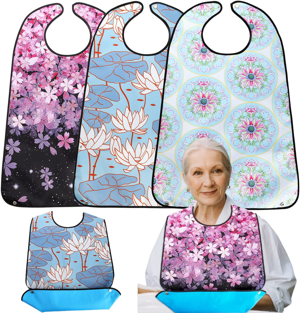 Yesland 3 Pack Adult Bibs for Elderly Washable and Waterproof Bibs 30 x 19.5 Inch Clothing Protectors with Optional Crumb Catcher for Women Men Seniors Eating During Mealtime - Cherry Blossoms