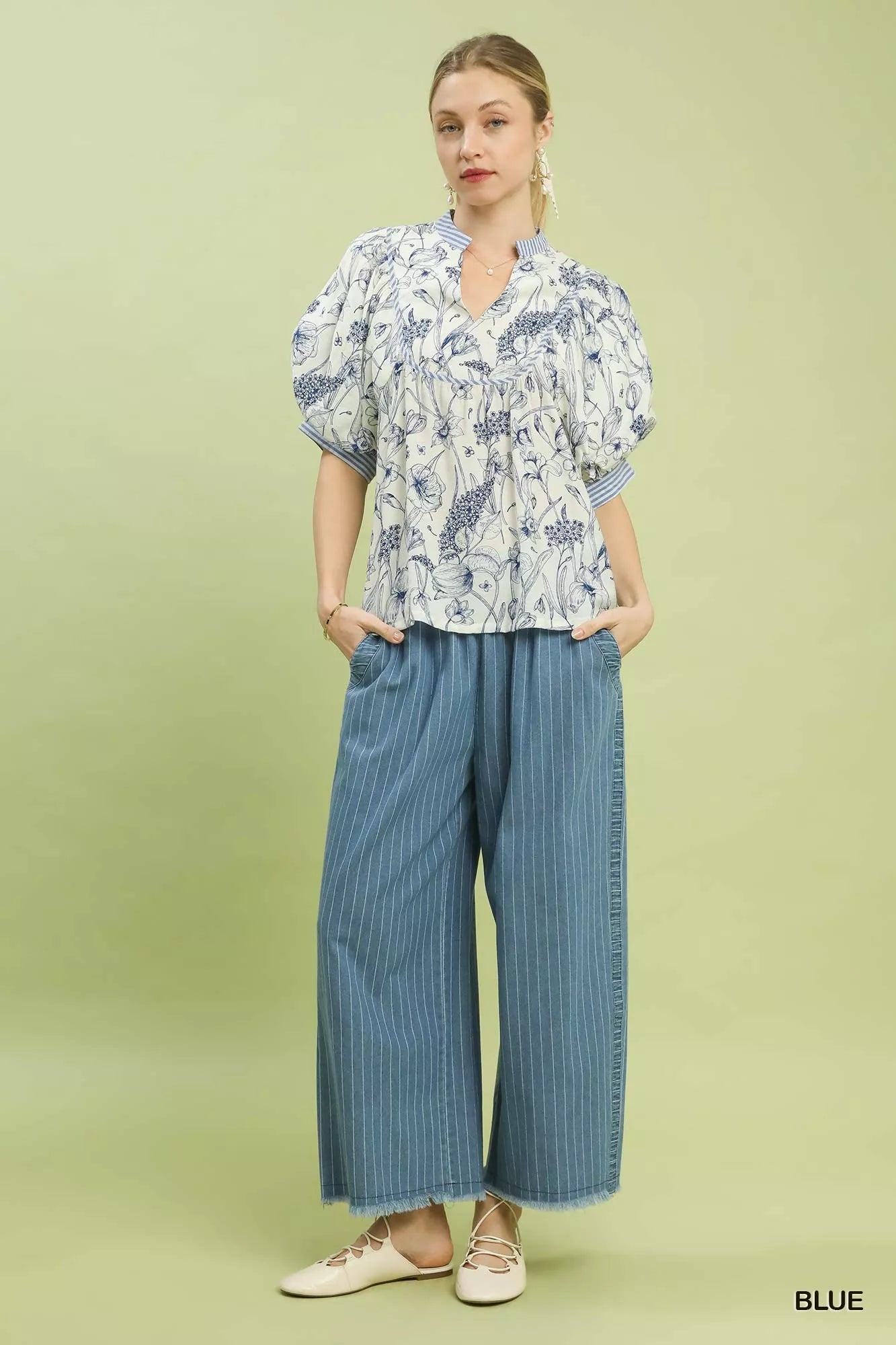 Umgee Mixed Print Puff Sleeve Split Neck Top