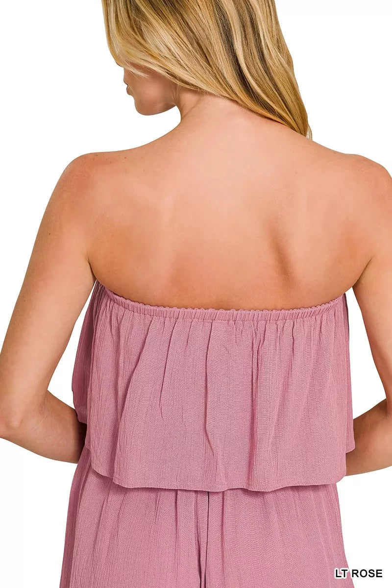 Zenana Woven Crinkle Strapless Rompers