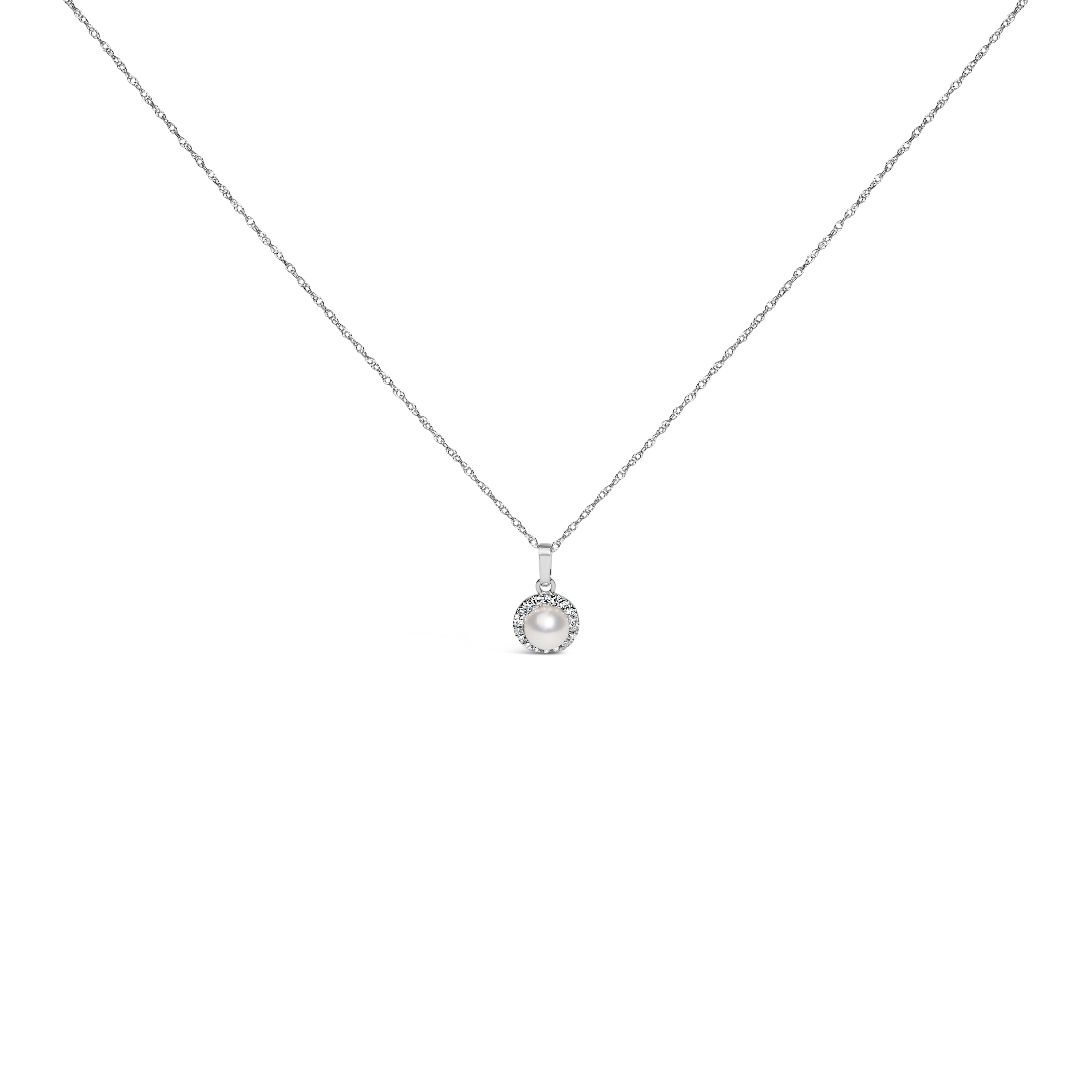 10K White Gold 5MM Cultured Pearl and Diamond Accent Halo Pendant Necklace