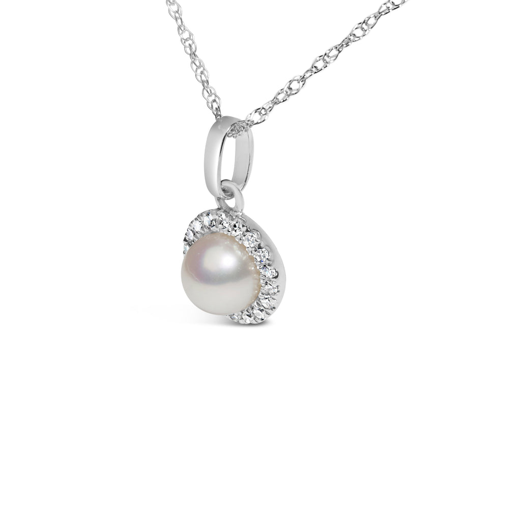10K White Gold 5MM Cultured Pearl and Diamond Accent Halo Pendant Necklace