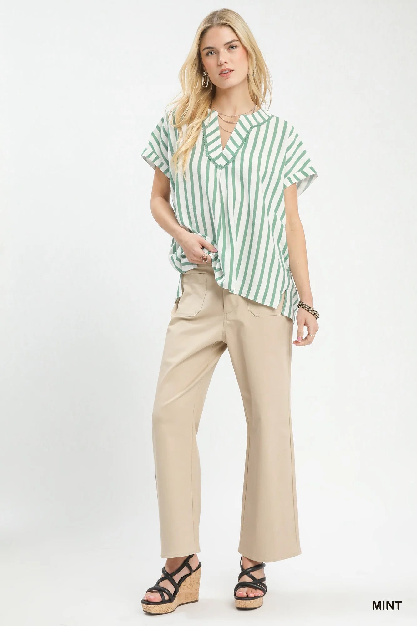 Umgee Mixed Stripe Split Neck Oversized Blouse