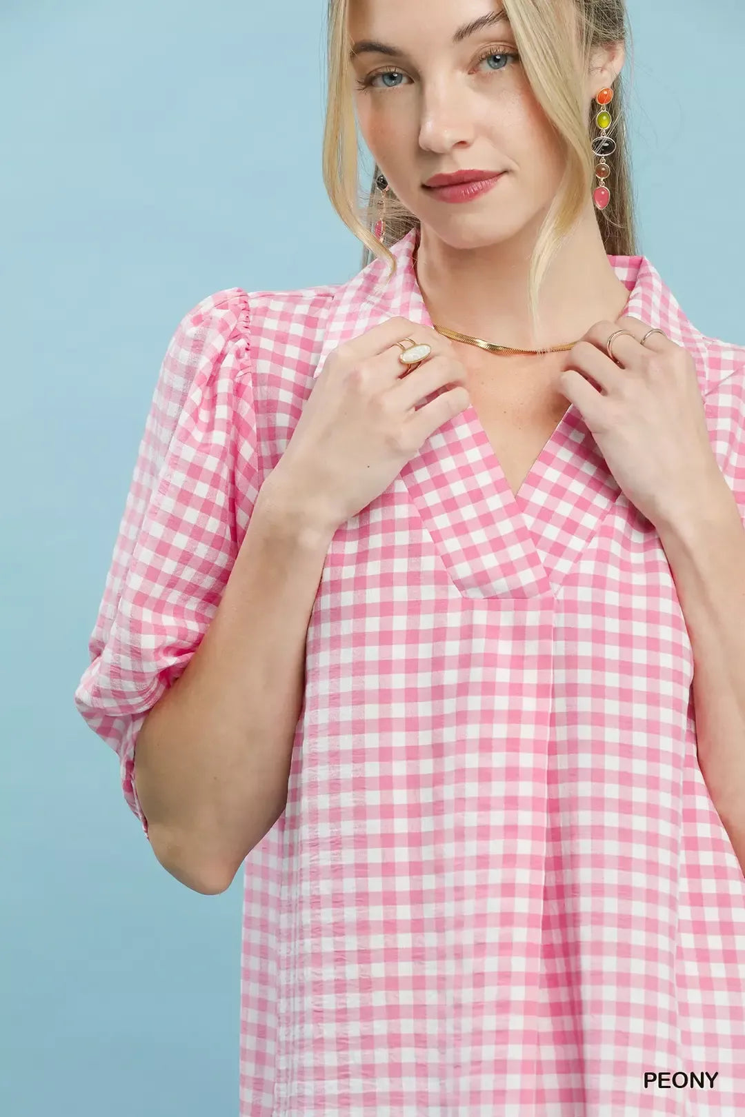 Umgee Gingham Puff Sleeve Collared Blouse