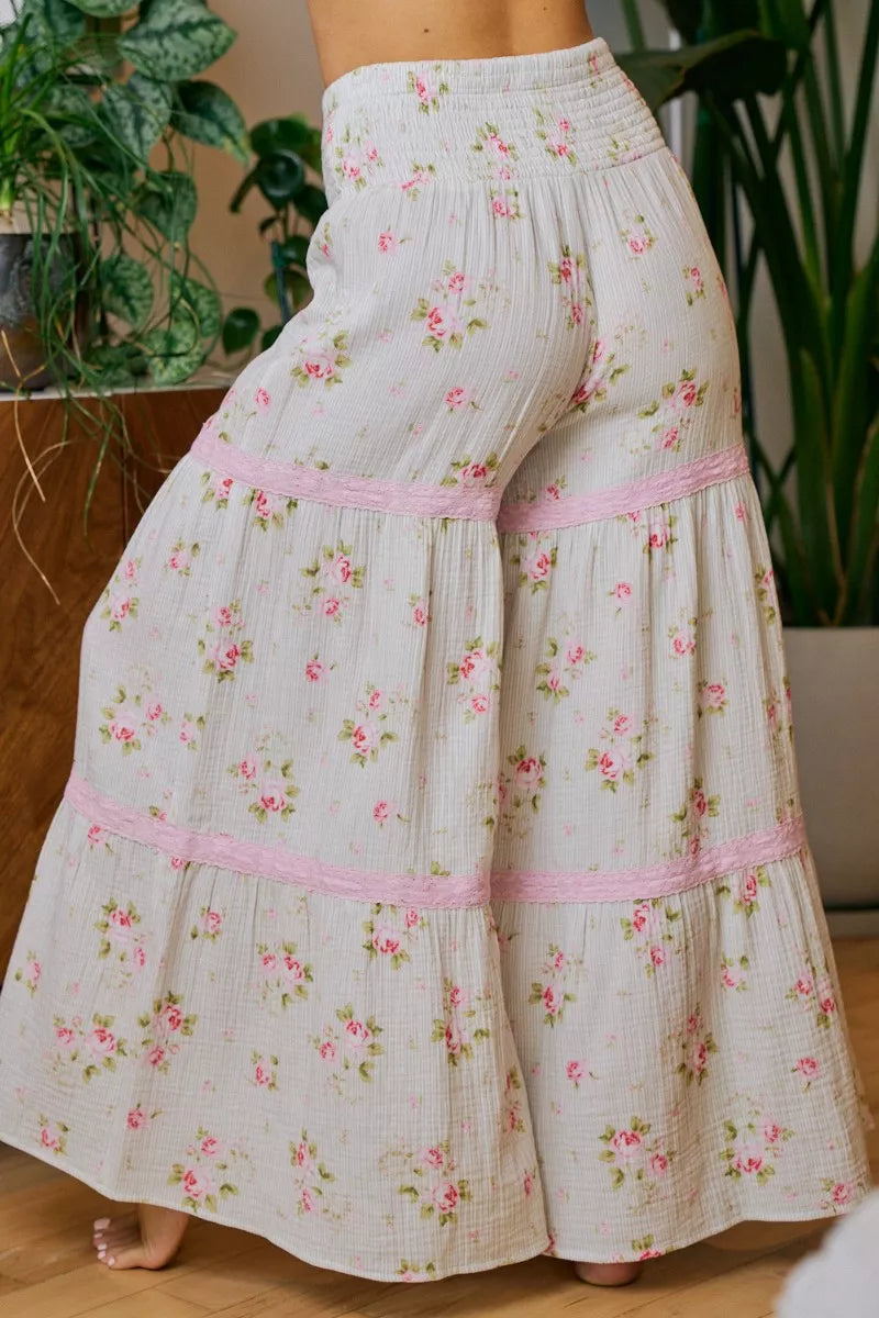 BiBi Rose Printed Gauze Trim Detail Smocked Maxi Pants