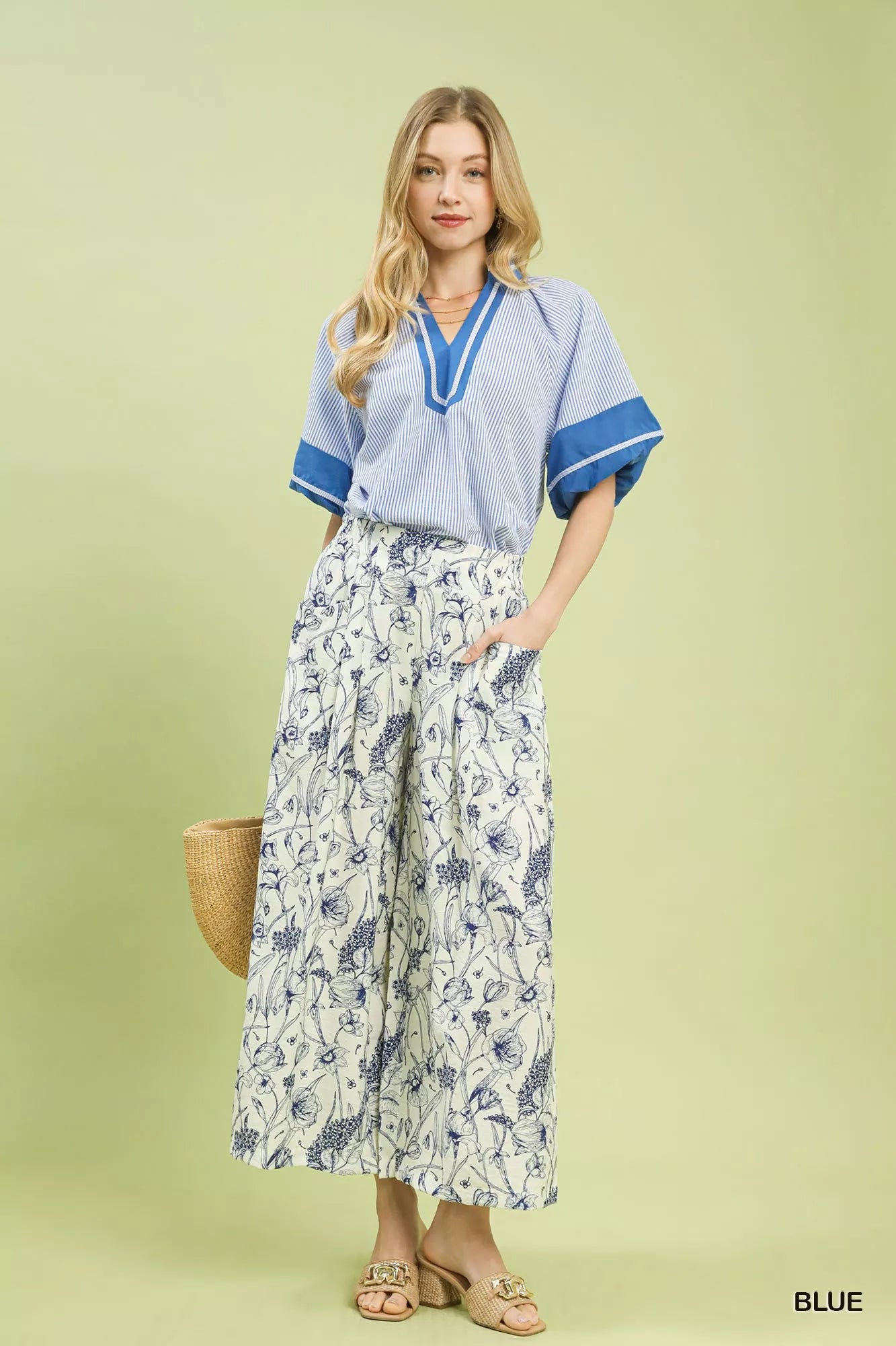 Umgee Two Tone Floral Print Pants