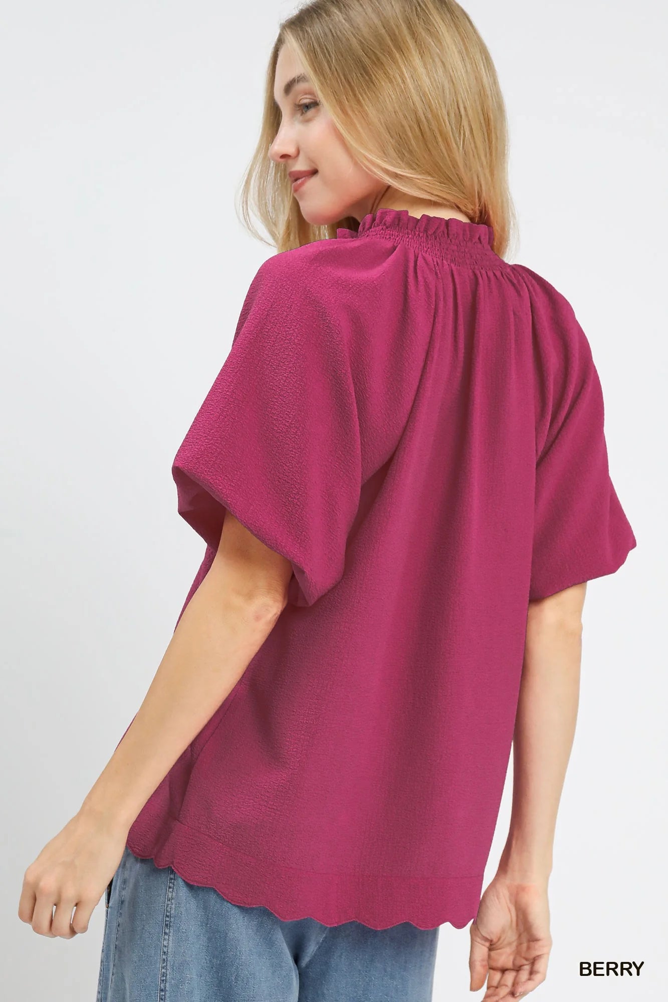 Umgee Scalloped Hem Textured Blouse