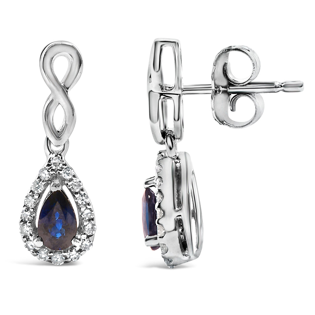 10K White Gold Pear Cut Blue Sapphire and 1/7 Cttw Diamond Infinity Drop and Dangle Earrings (I-J Color, I1-I2 Clarity)