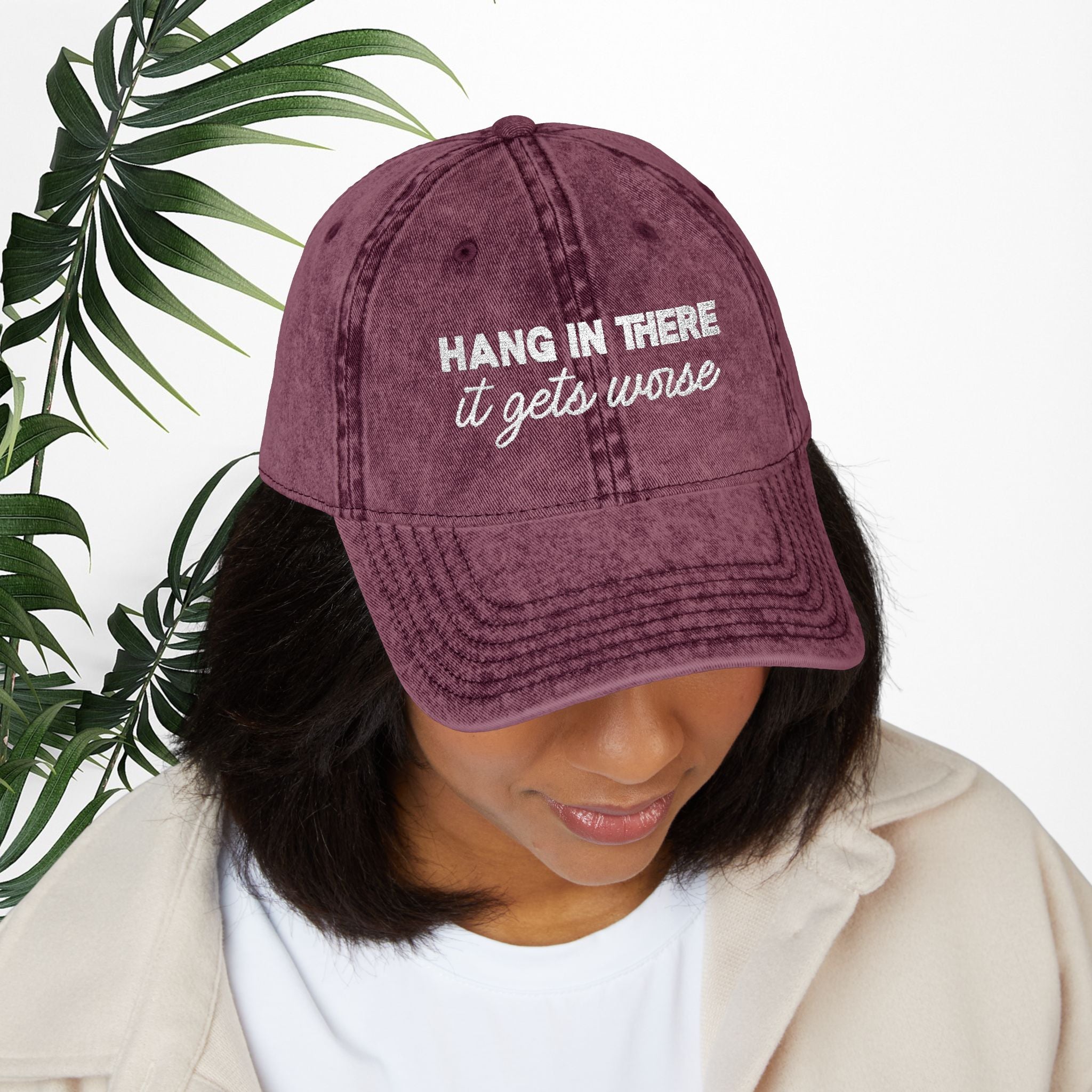 Bespattered Facade "Hang in There" White Embroidered Vintage Cap