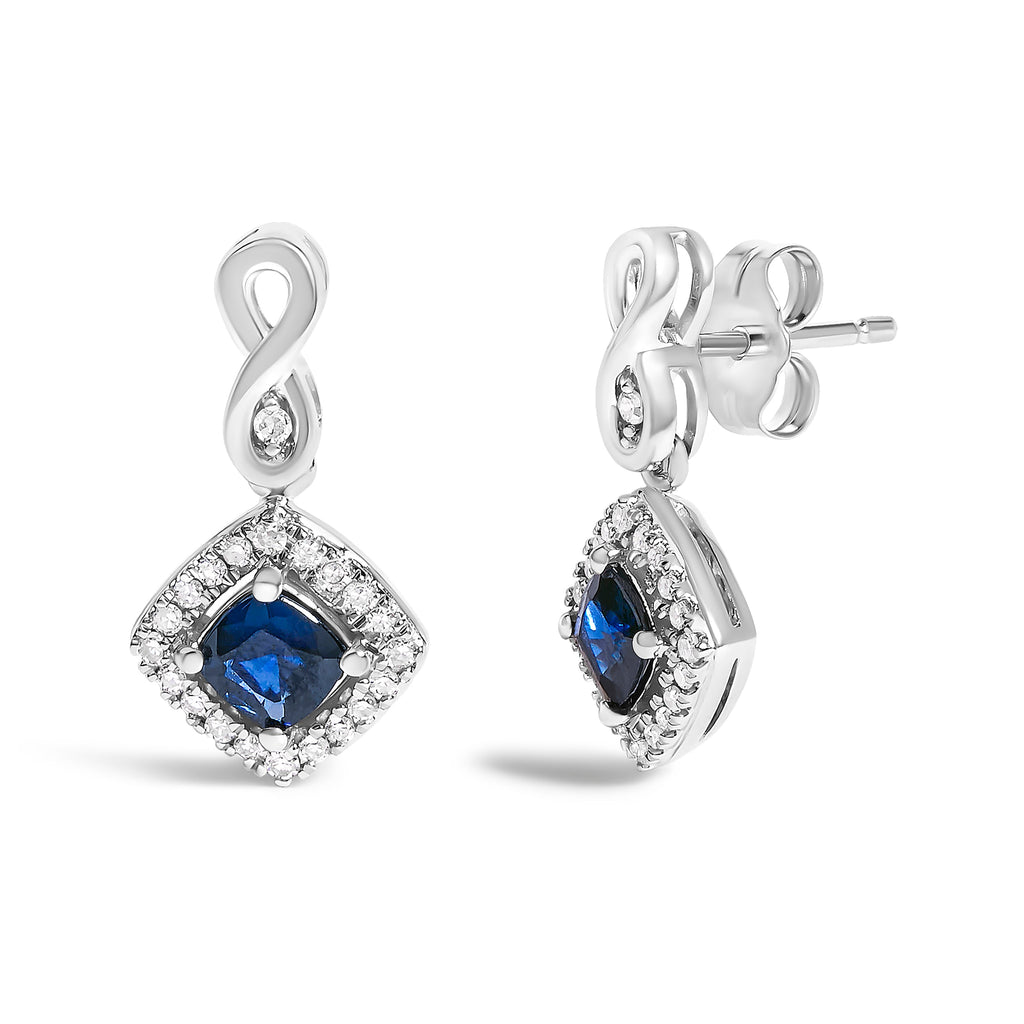 10K White Gold Blue  Sapphire and Diamond Halo Cushion Shaped Drop Earrings (I-J Color, I1-I2 Clarity)