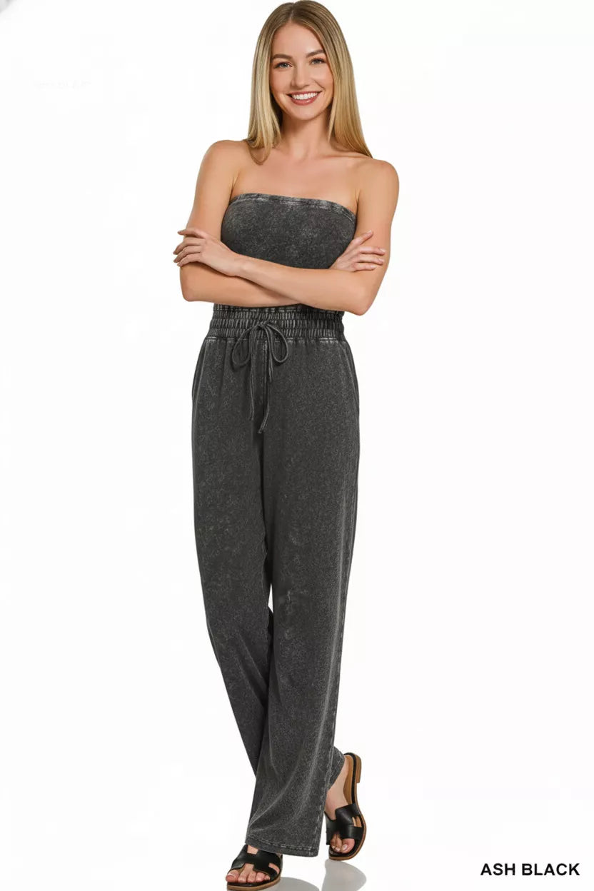 Zenana Acid Washed Strapless Tube Top Jumpsuit