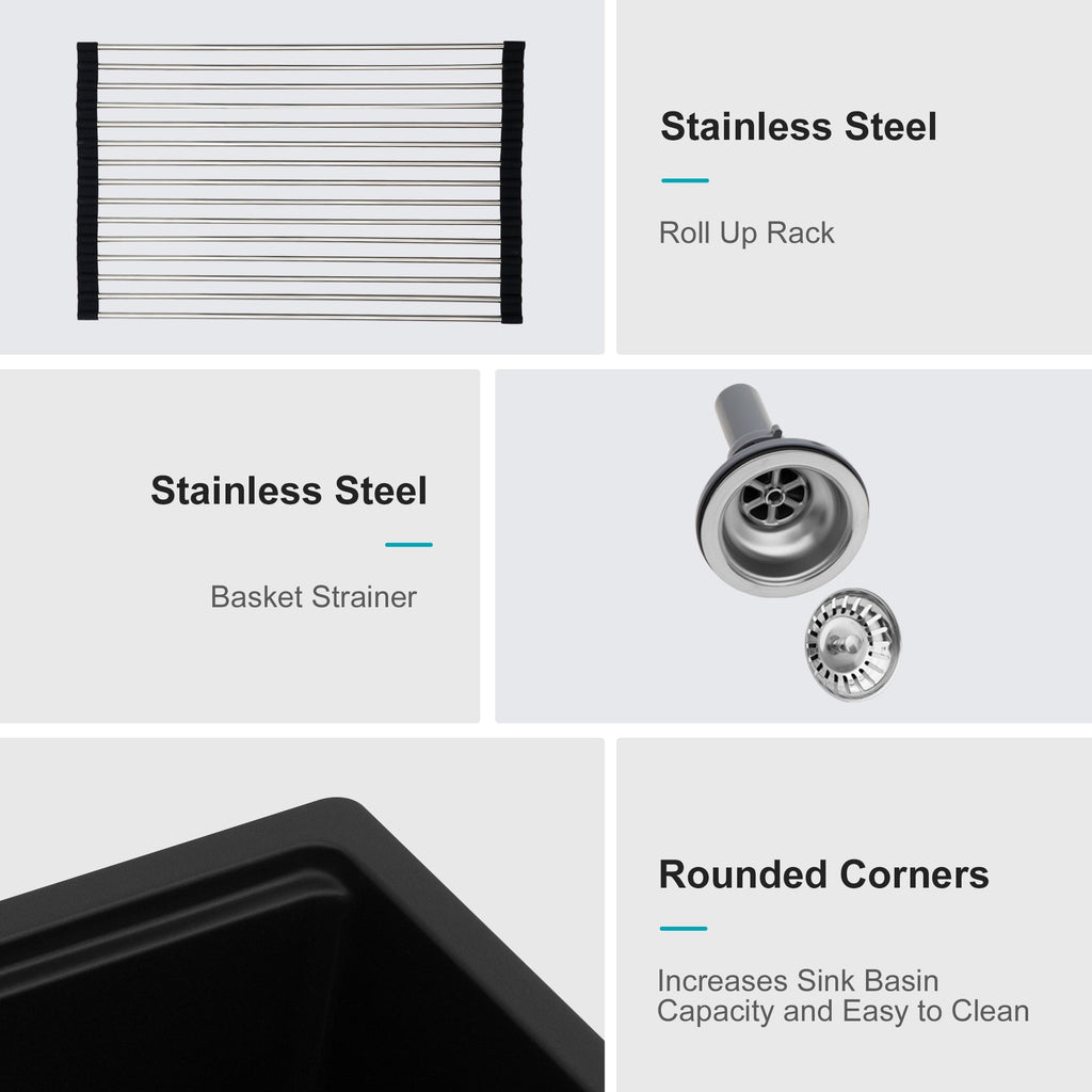 Quartz Kitchen Sink - 28' x 19' Black Granite Composite Workstation Undermount
