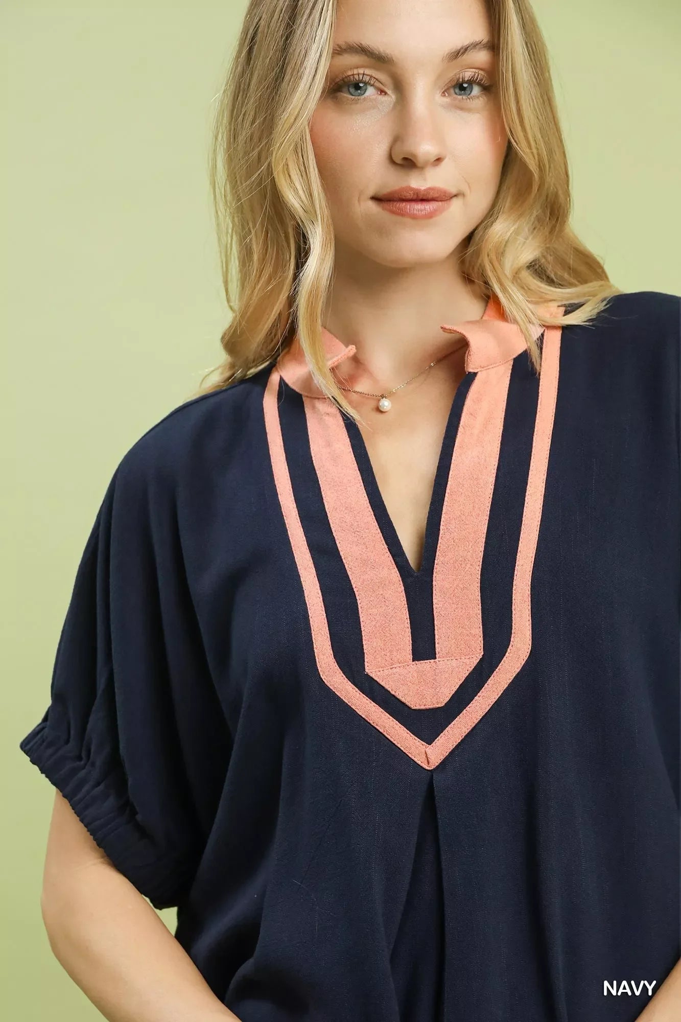 Umgee Linen Contrast Trim V-Neck Blouse