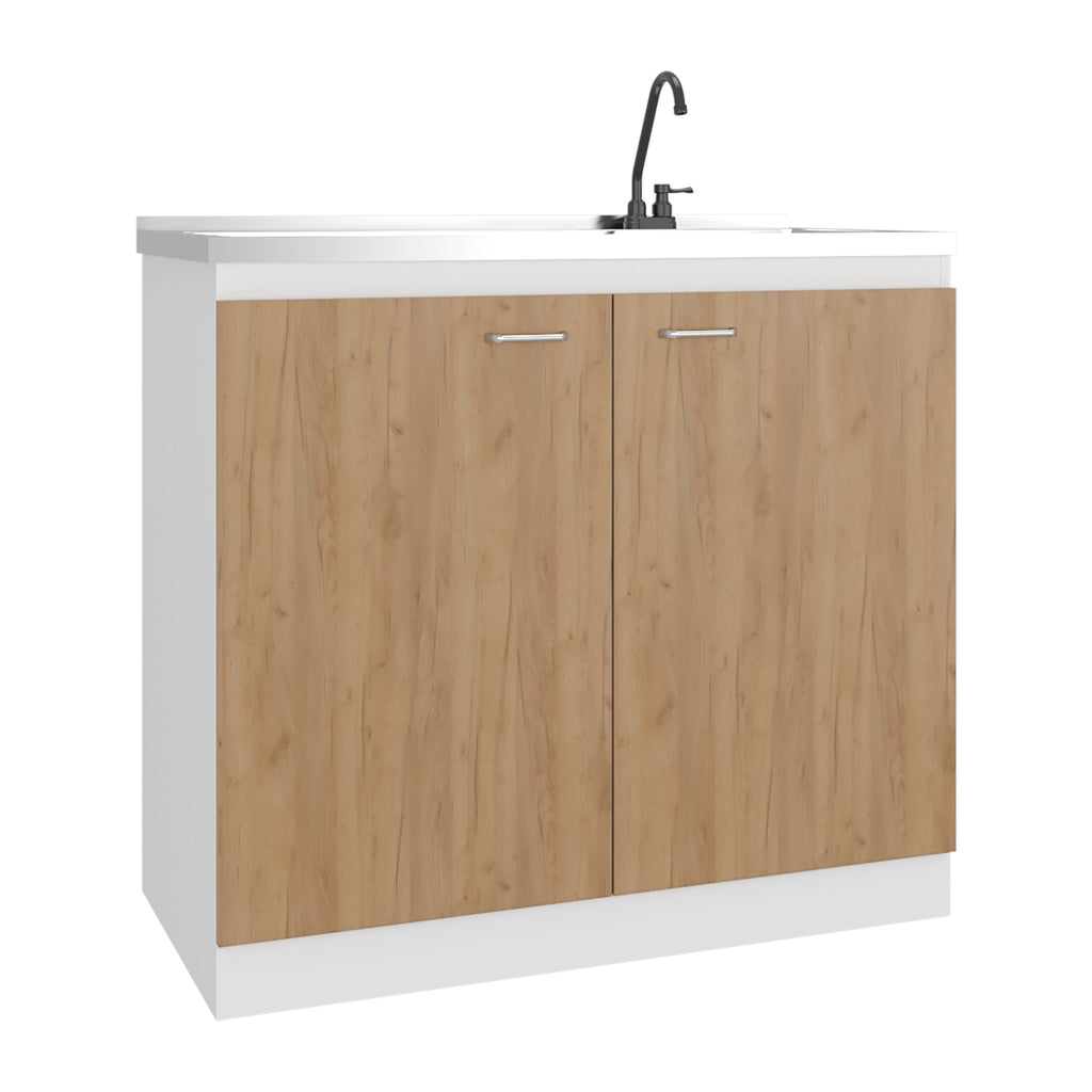 Salento Freestanding Sink, Double Door Cabinet, Two Shelves, White / Natural Oak