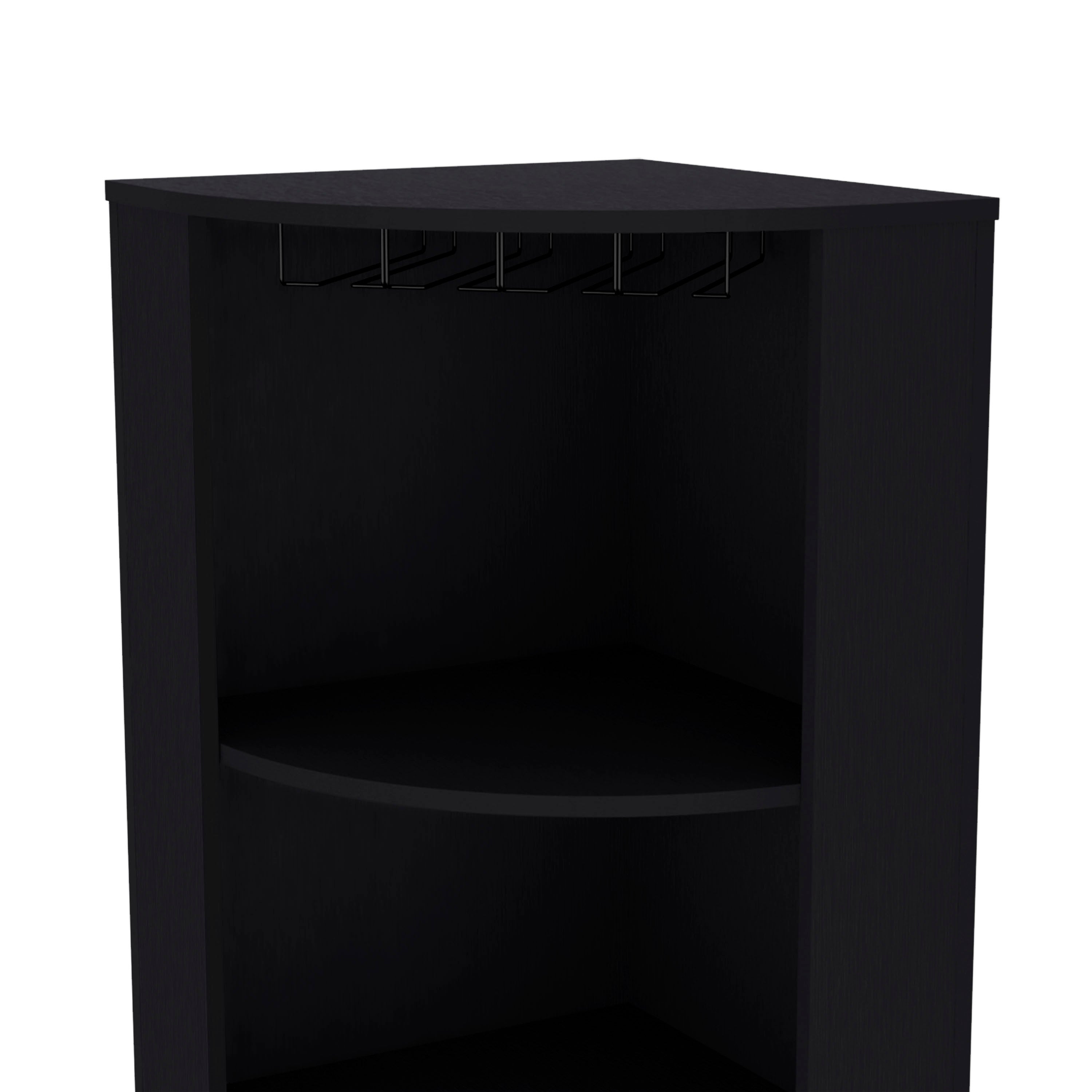 Oban Corner Bar Cabinet with Five Shelves , Eight Bottle Cubbies and Steamware Black