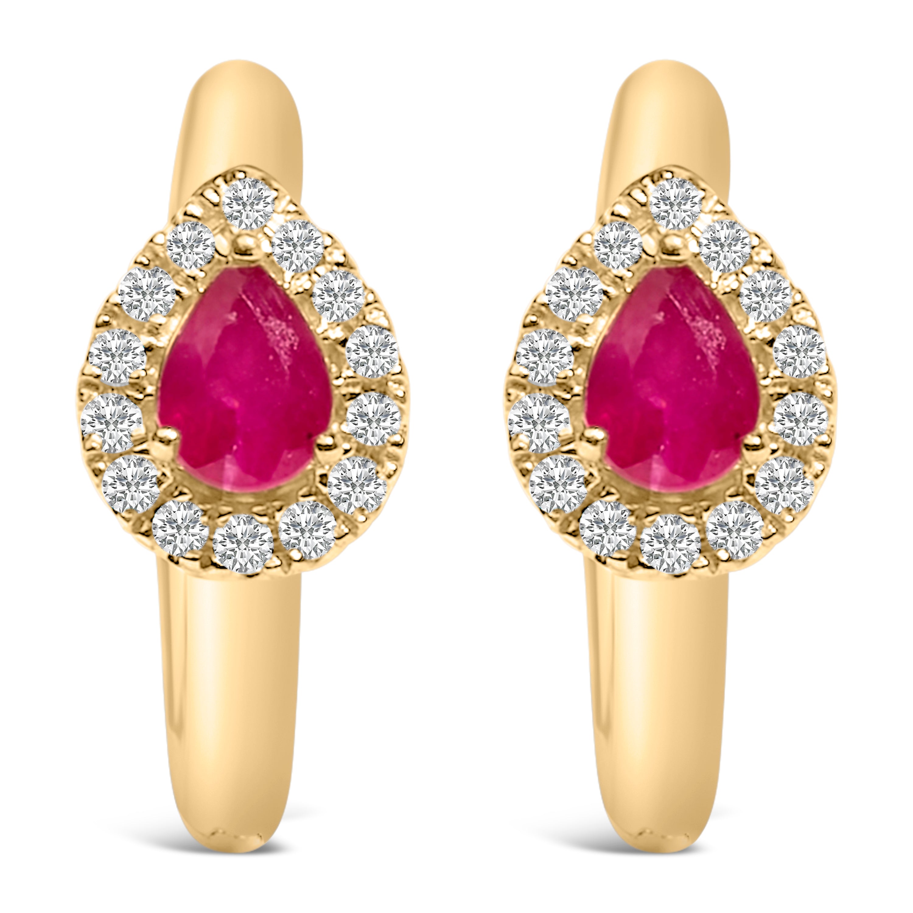 10K Yellow Gold Pear Cut Red Ruby 4x3 mm and 1/10 Cttw Round Diamond Huggy Earrings (I-J Color, I1-I2 Clarity)