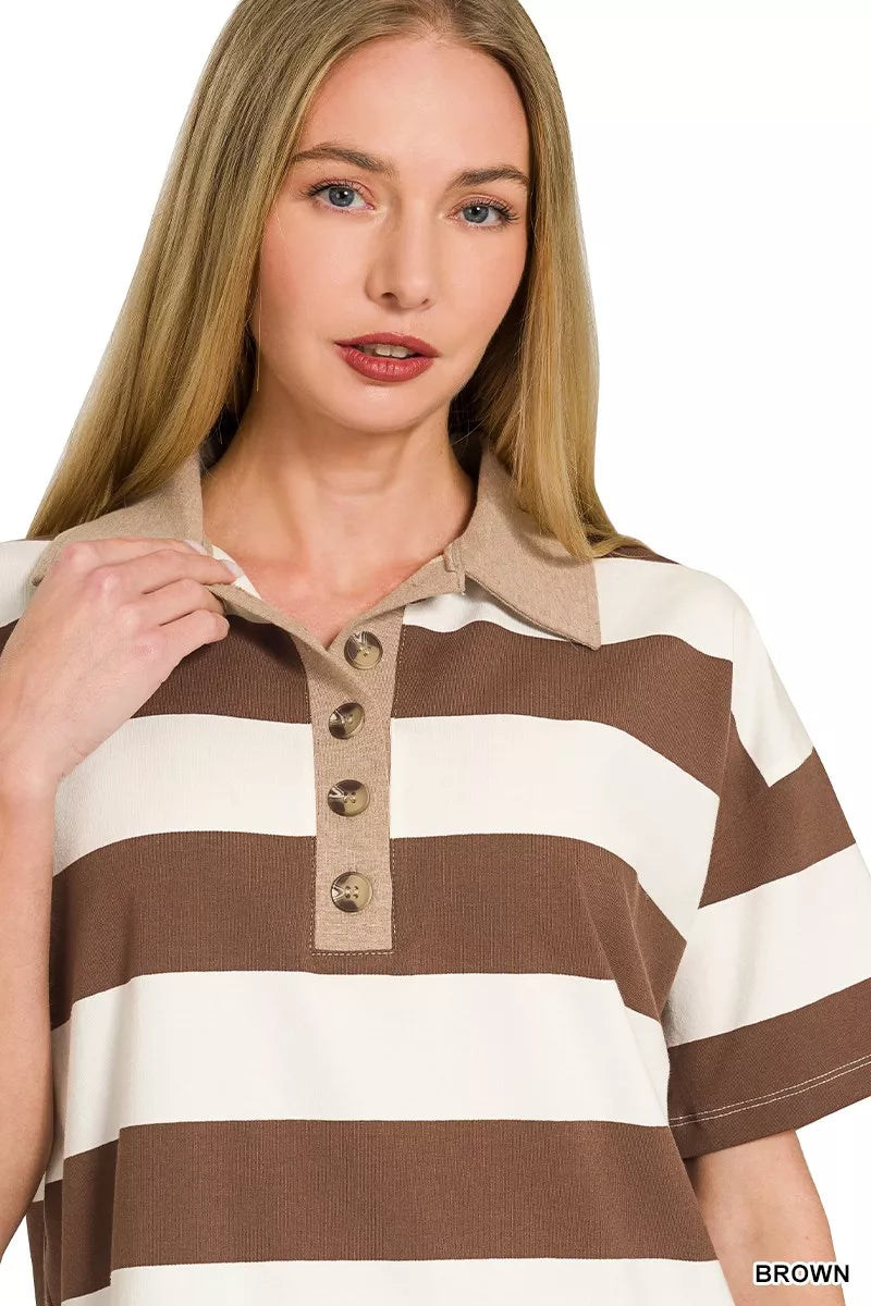 Zenana Striped Collared Polo Top