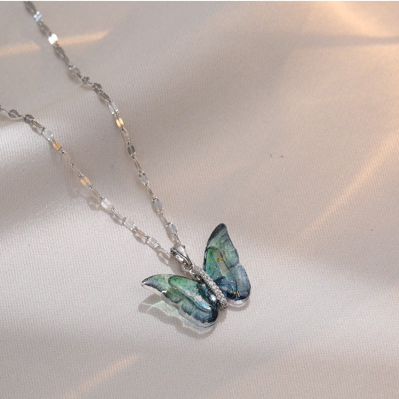Colorful Butterfly Pendant Clavicle Chain Necklace for Girls
