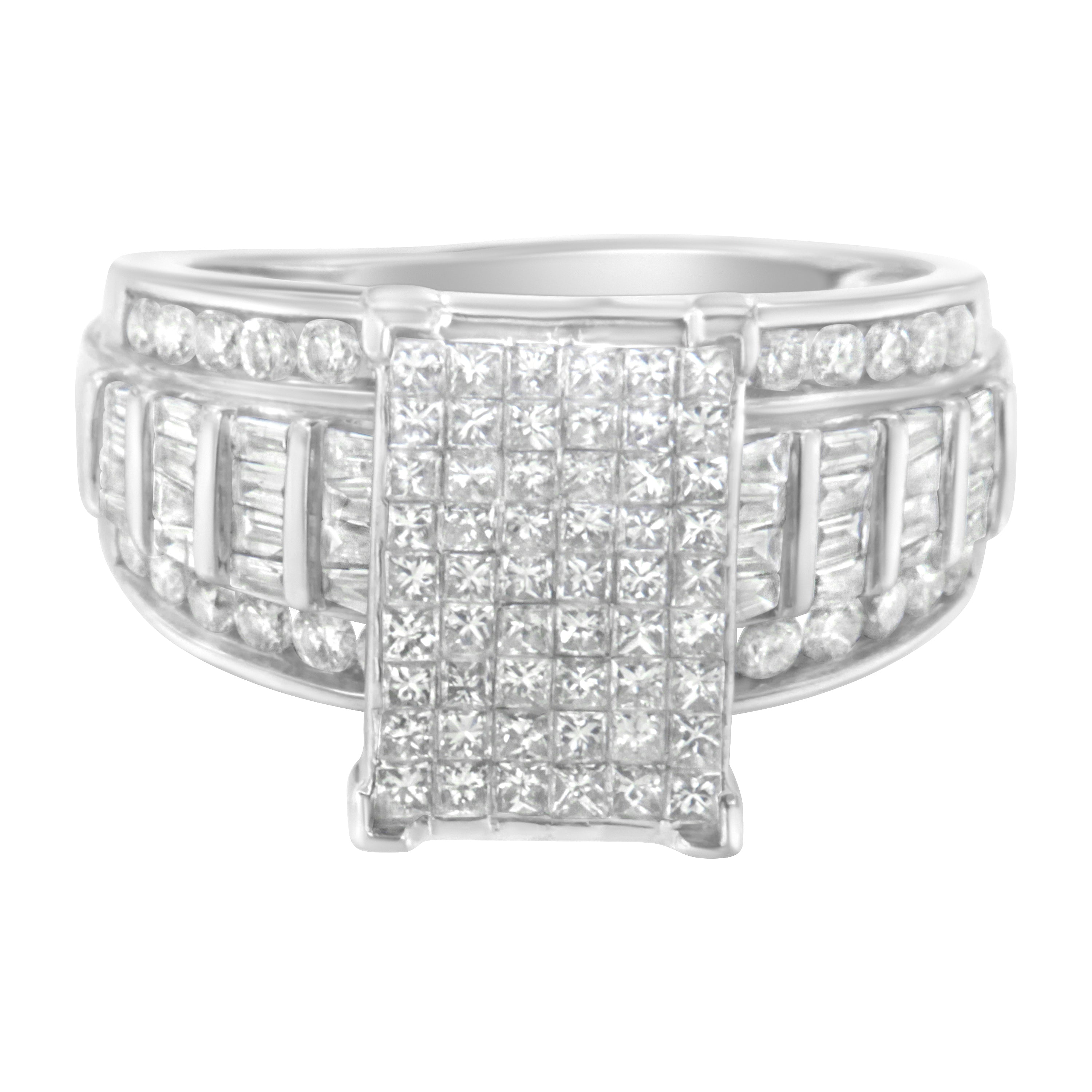 14K White Gold 2.0 Cttw Mixed-Cut Diamond Rectangle Invisible-Set Composite Cluster Ring with Bar- and Channel-Set Band (H-I Color, SI2-I1 Clarity) - Size 5