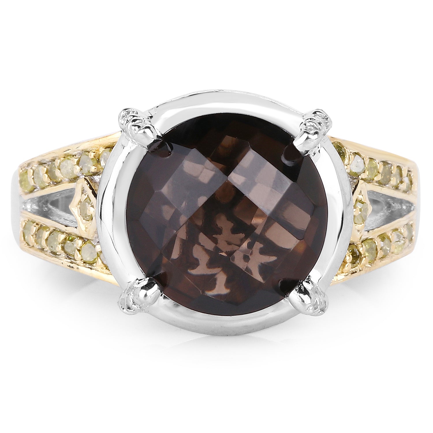 3.28 Carat Genuine Smoky Quartz, Yellow Diamond & White Diamond .925 Sterling Silver Ring