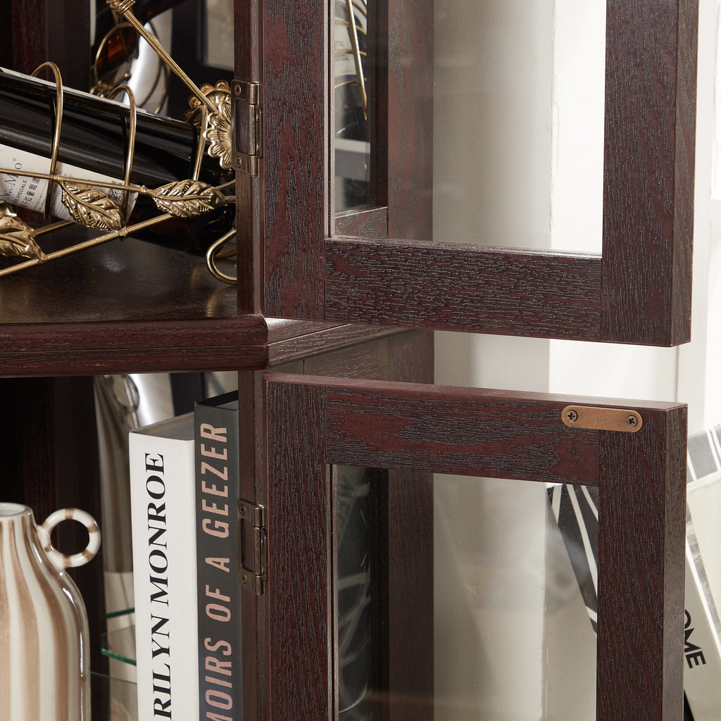 Lighted Corner Curio Cabinet - Glass Display Shelf with Tempered Glass Doors, Adjustable Shelving, and Included Bead Bulb - Ideal Bar Cabinet for Home Decor- DARK CHERRY