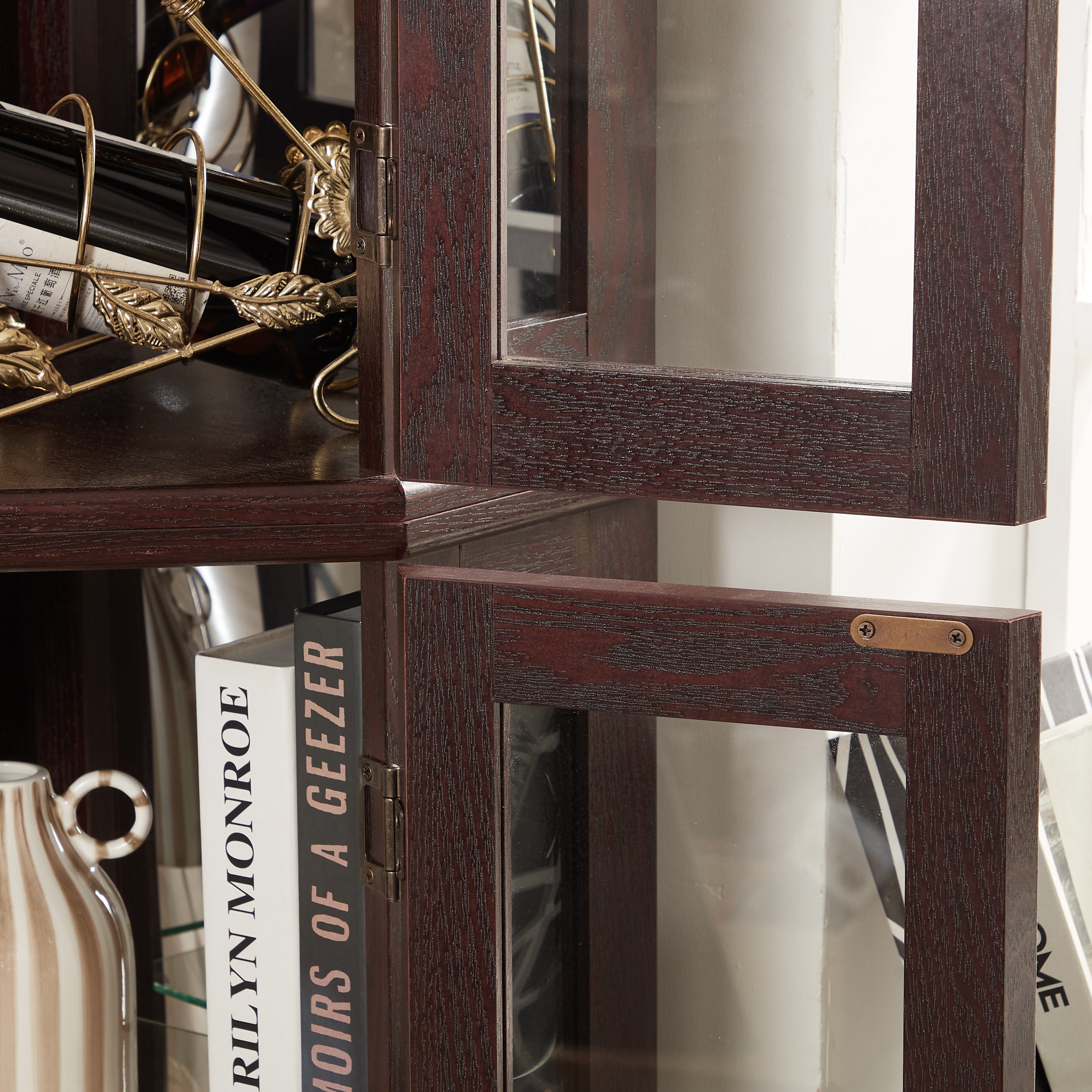 Lighted Corner Curio Cabinet - Glass Display Shelf with Tempered Glass Doors, Adjustable Shelving, and Included Bead Bulb - Ideal Bar Cabinet for Home Decor- DARK CHERRY