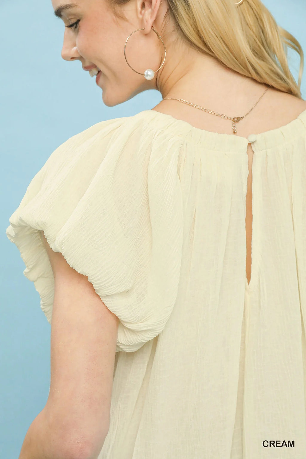 Umgee Crinkle Flutter Sleeve Peasant Top