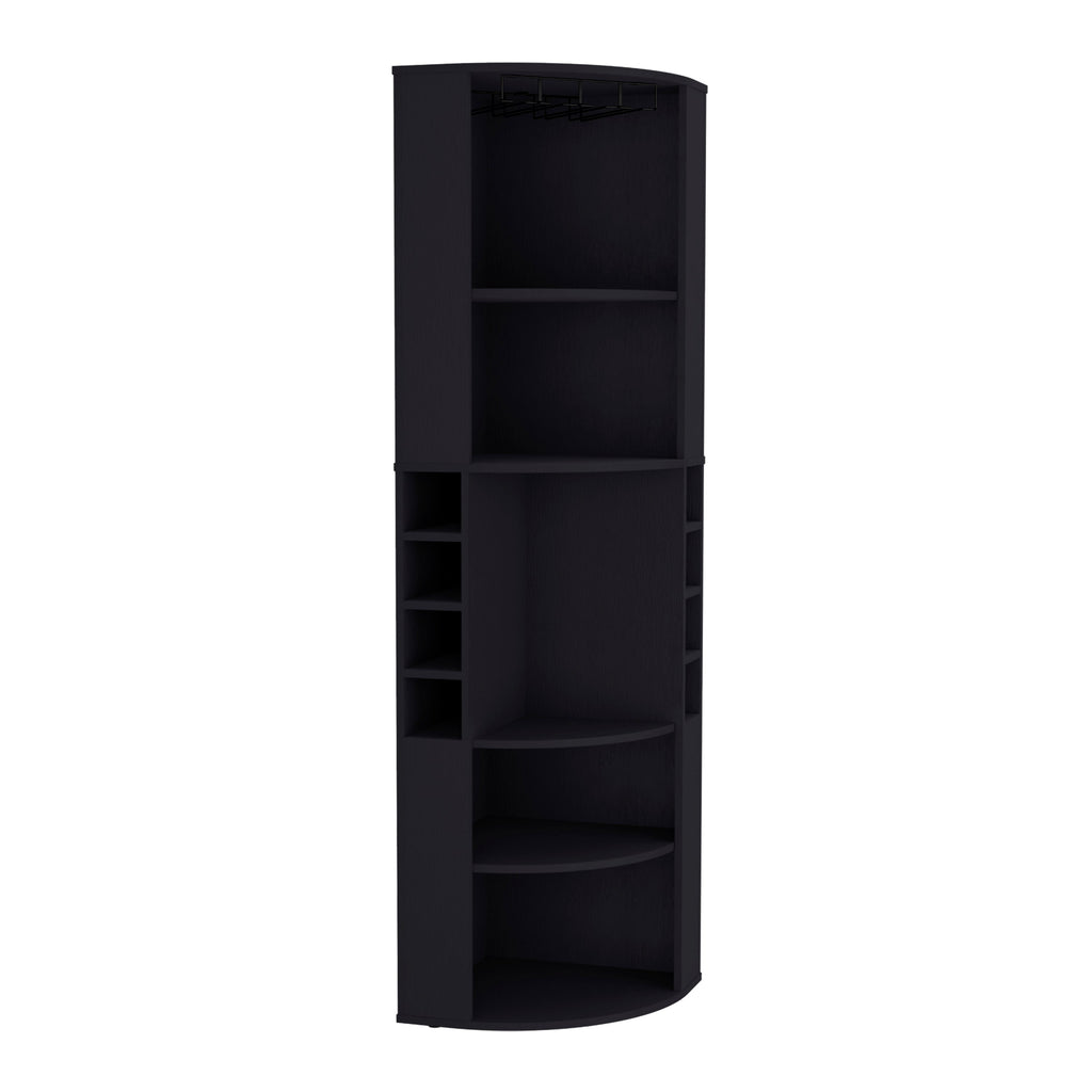 71' Corner Bar Cabinet with Five Shelves, Eight Bottle Cubbies and Stemware,Black