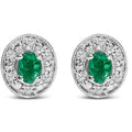 14K White Gold Oval Green Emerald and 1/10 Cttw Diamond Halo Stud Earrings  (I-J Color, I1-I2 Clarity)