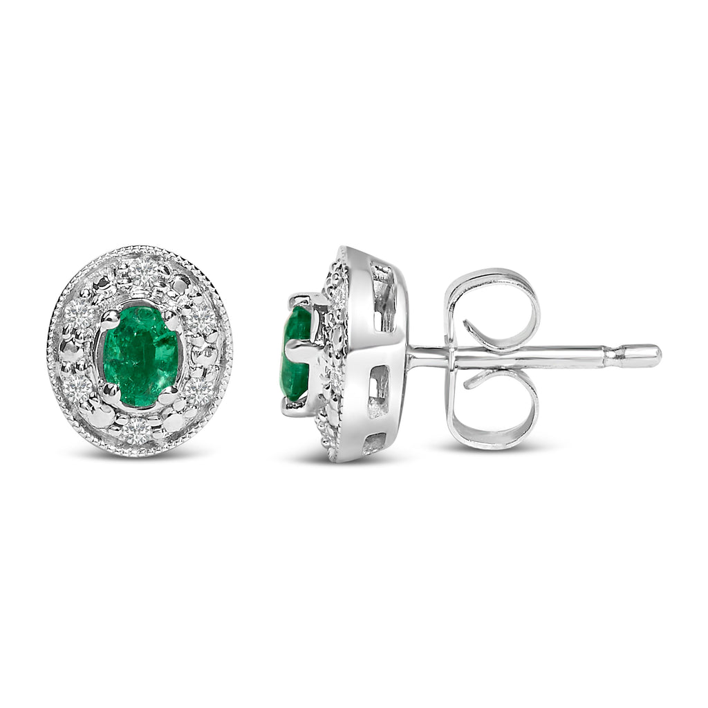 14K White Gold Oval Green Emerald and 1/10 Cttw Diamond Halo Stud Earrings  (I-J Color, I1-I2 Clarity)