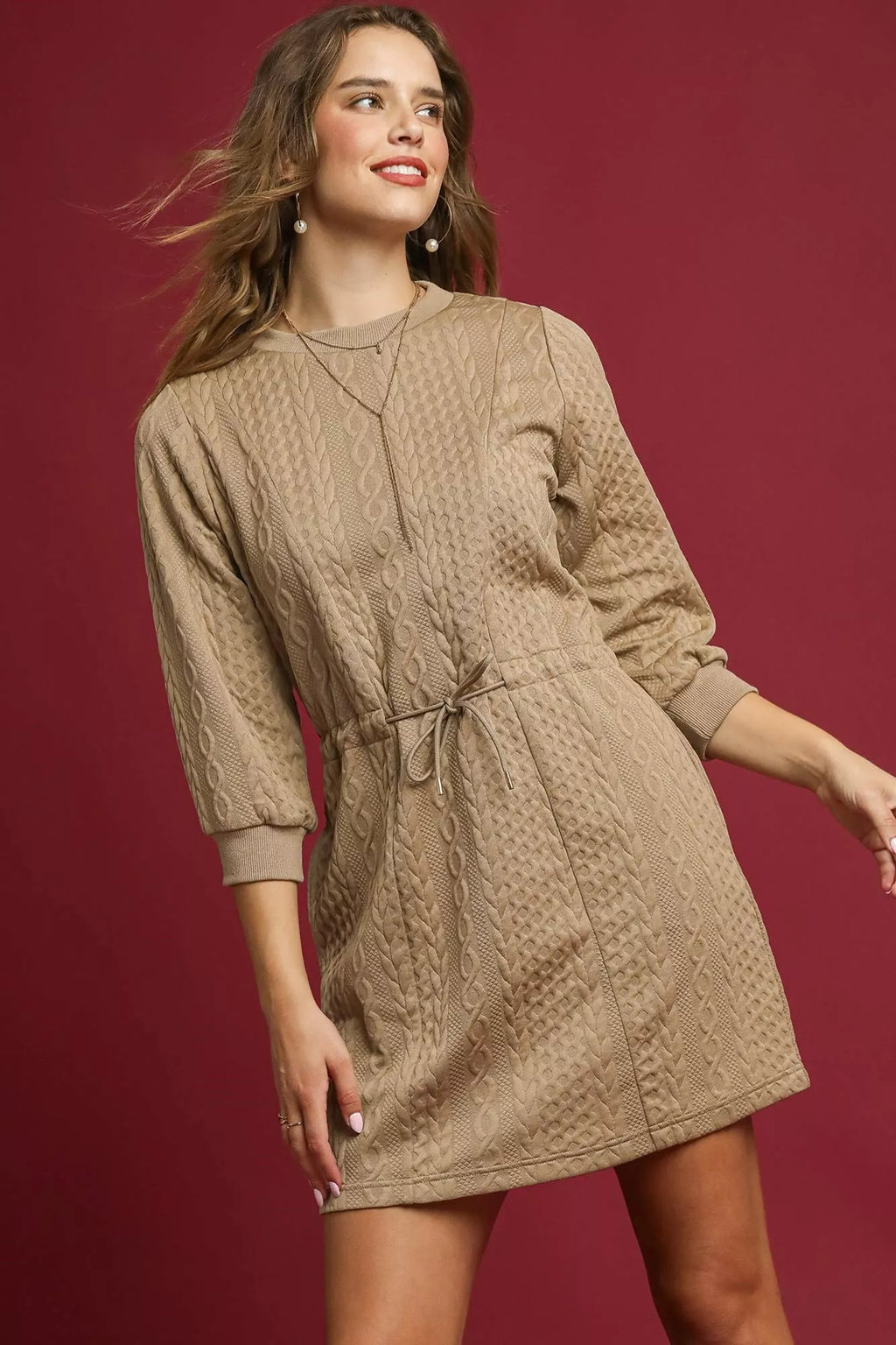 Umgee Drawstring Cable Knit Mini Dress with Pockets