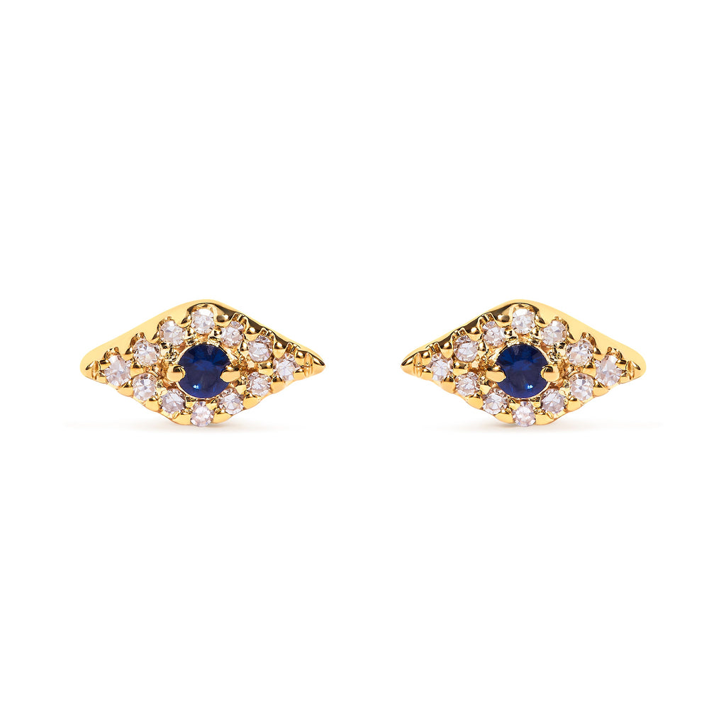 10K Yellow Gold Blue Sapphire and Diamond Accent Evil Eye Stud Earring (H-I Color, I1-I2 Clarity)