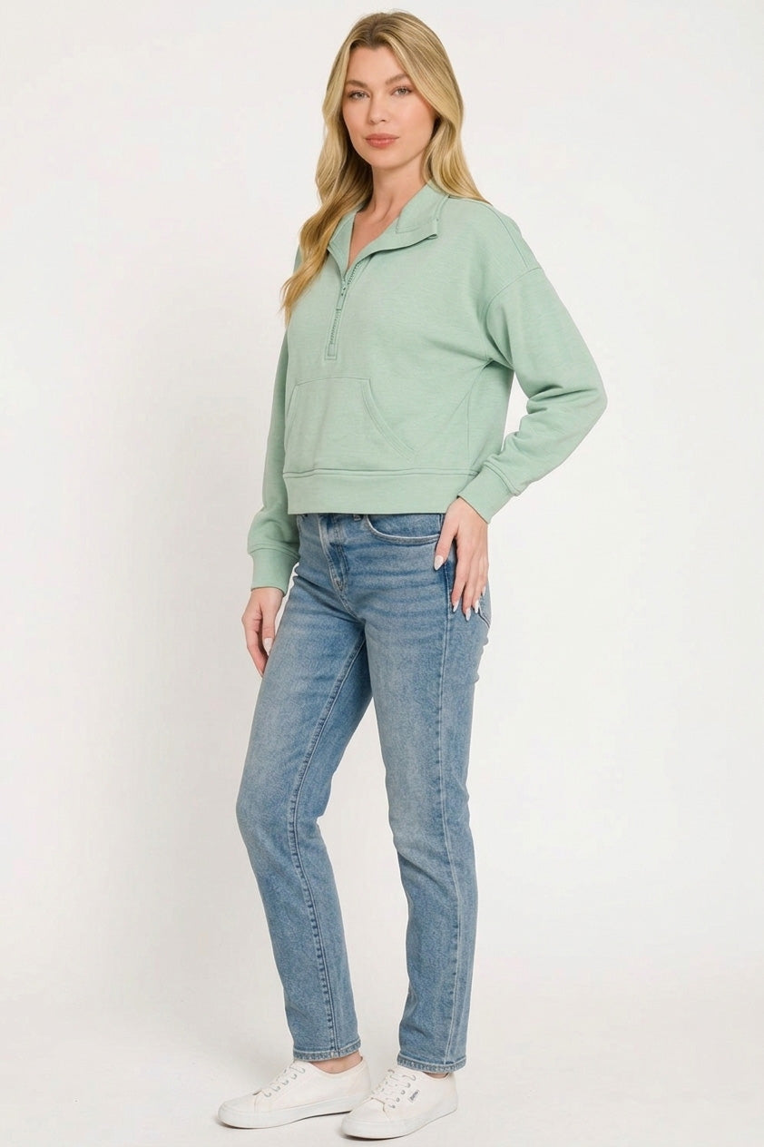 Zenana Scuba Half Zip Pullover With Kangaroo Pockets