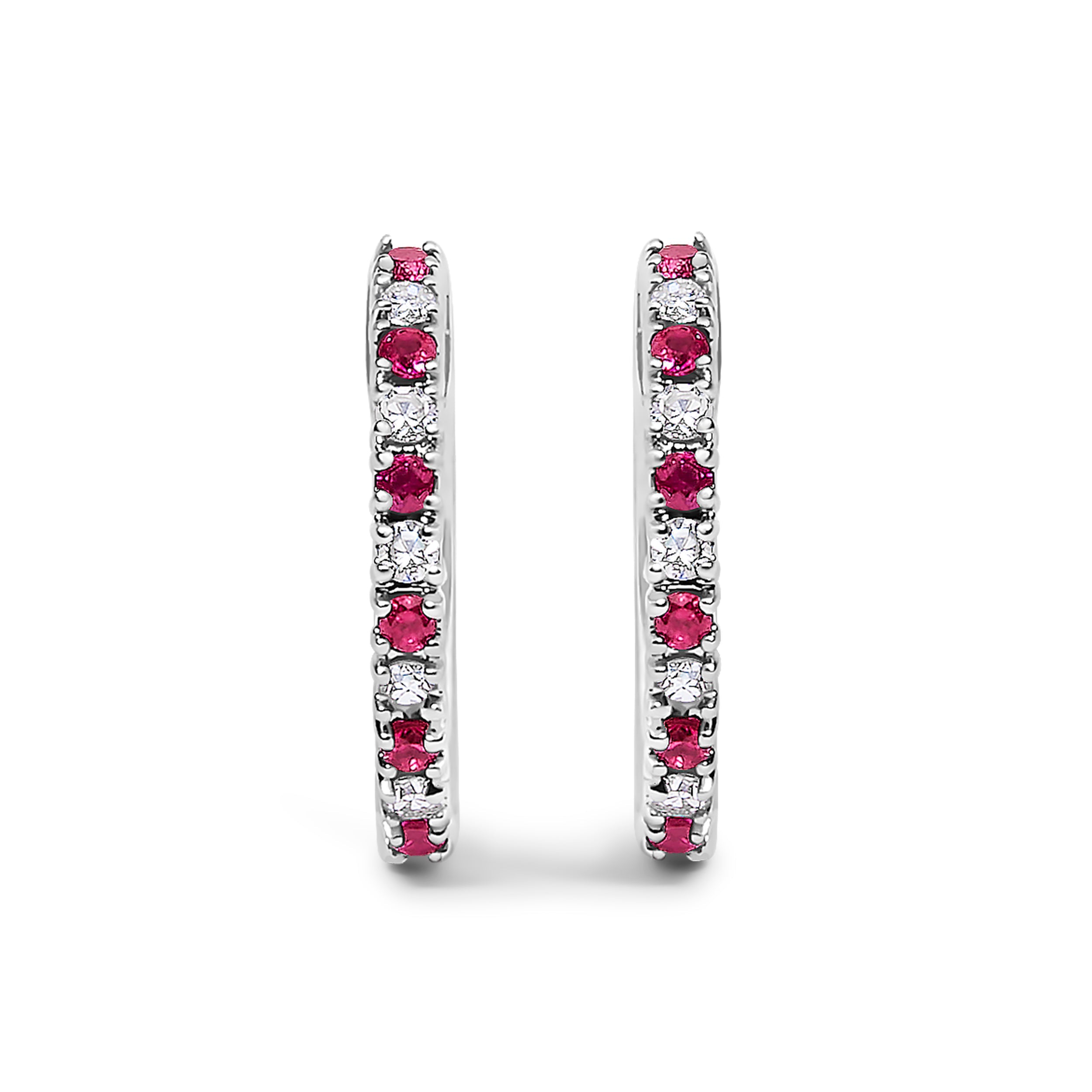 10K White Gold Alternating Diamond and Red Ruby Huggy Hoop Earrings (I-J Color, I1-I2 Clarity)