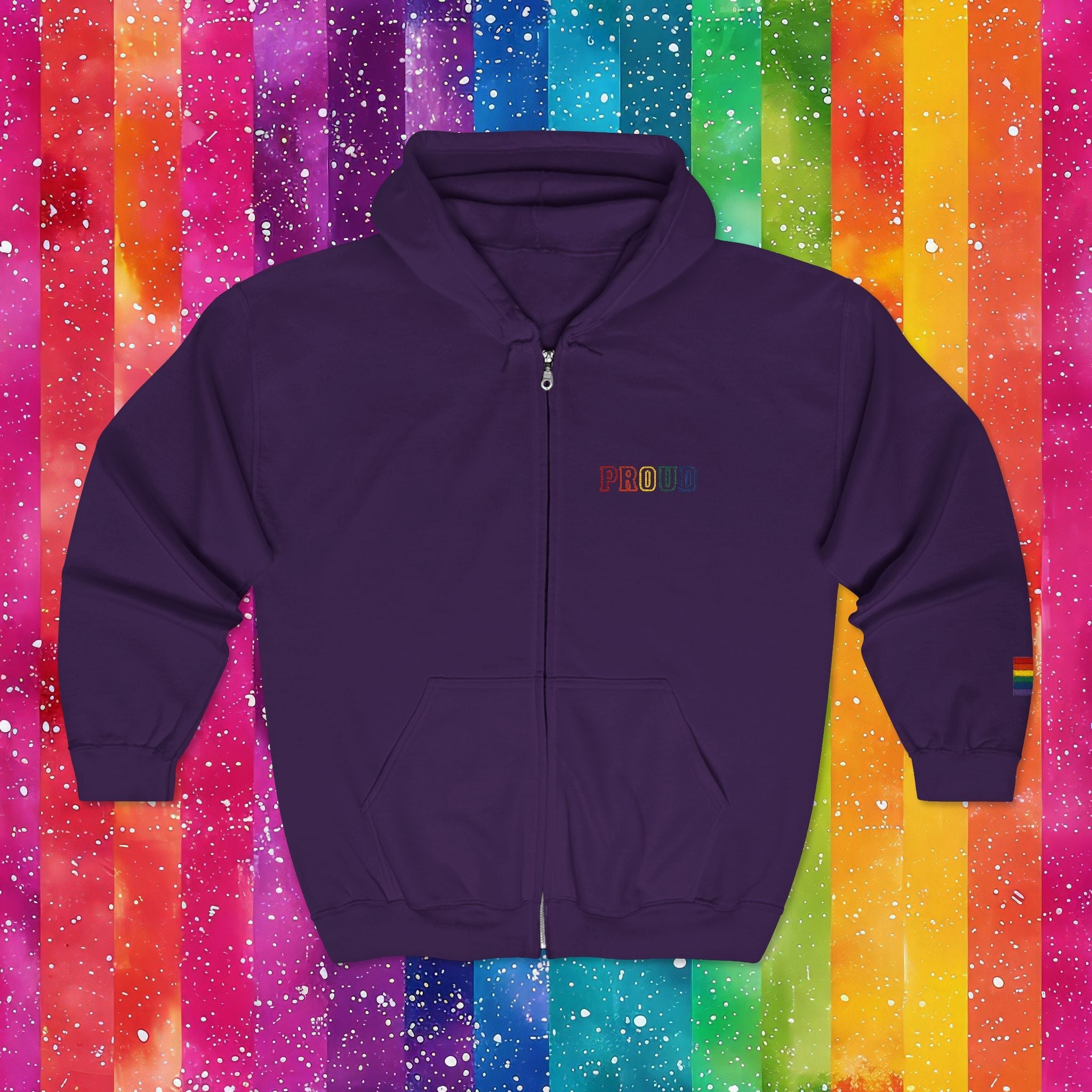 Bespattered Facade Rainbow Proud LGBTQ+ Pride Embroidered Full-Zip Hoodie