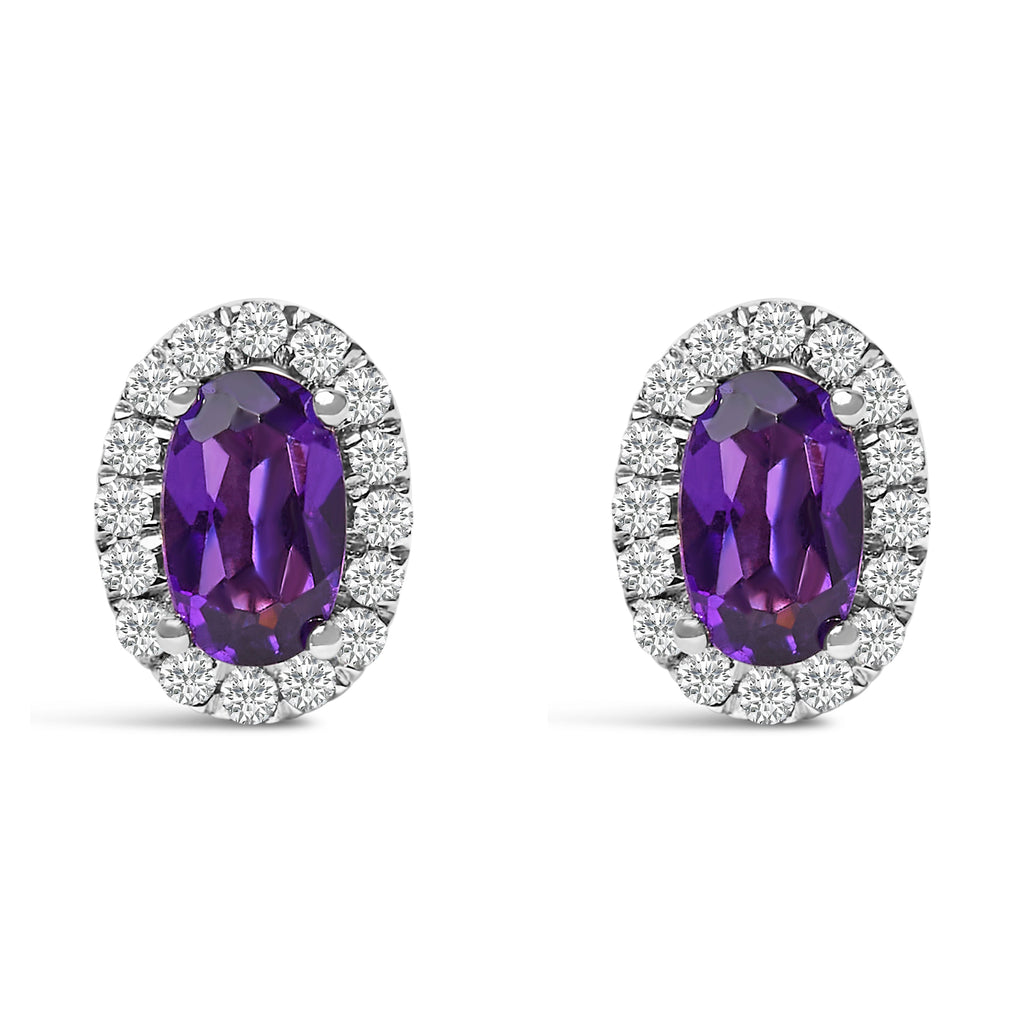 10K White Gold 5x3 MM Oval Purple Amethyst and Diamond Halo Stud Earrings (I-J Color, I1-I2 Clarity)