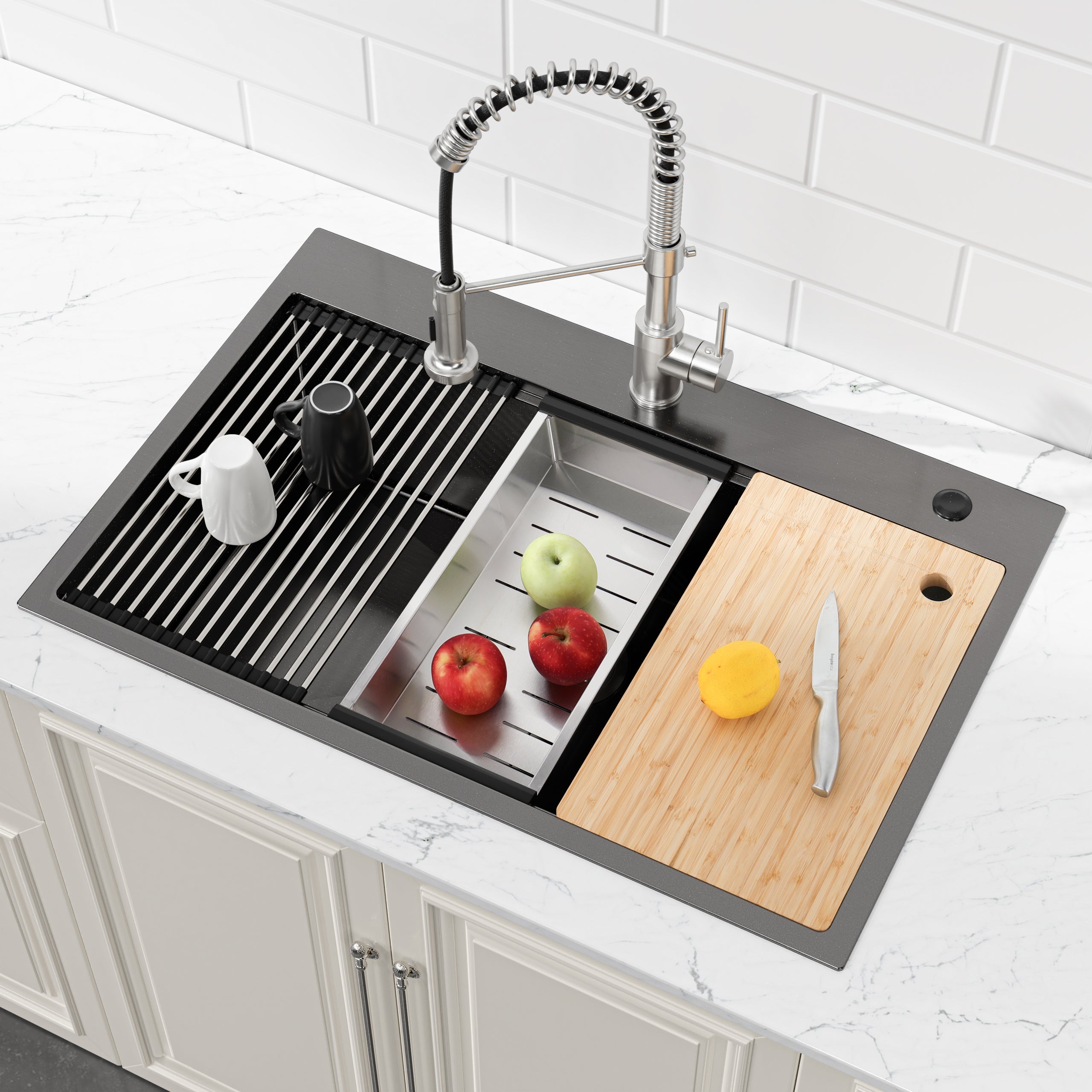 Stainless Steel Kitchen Sink, 33″x22″ Single Bowl, Overmount Handmade Sink in Black, with Cutting Board, Colander