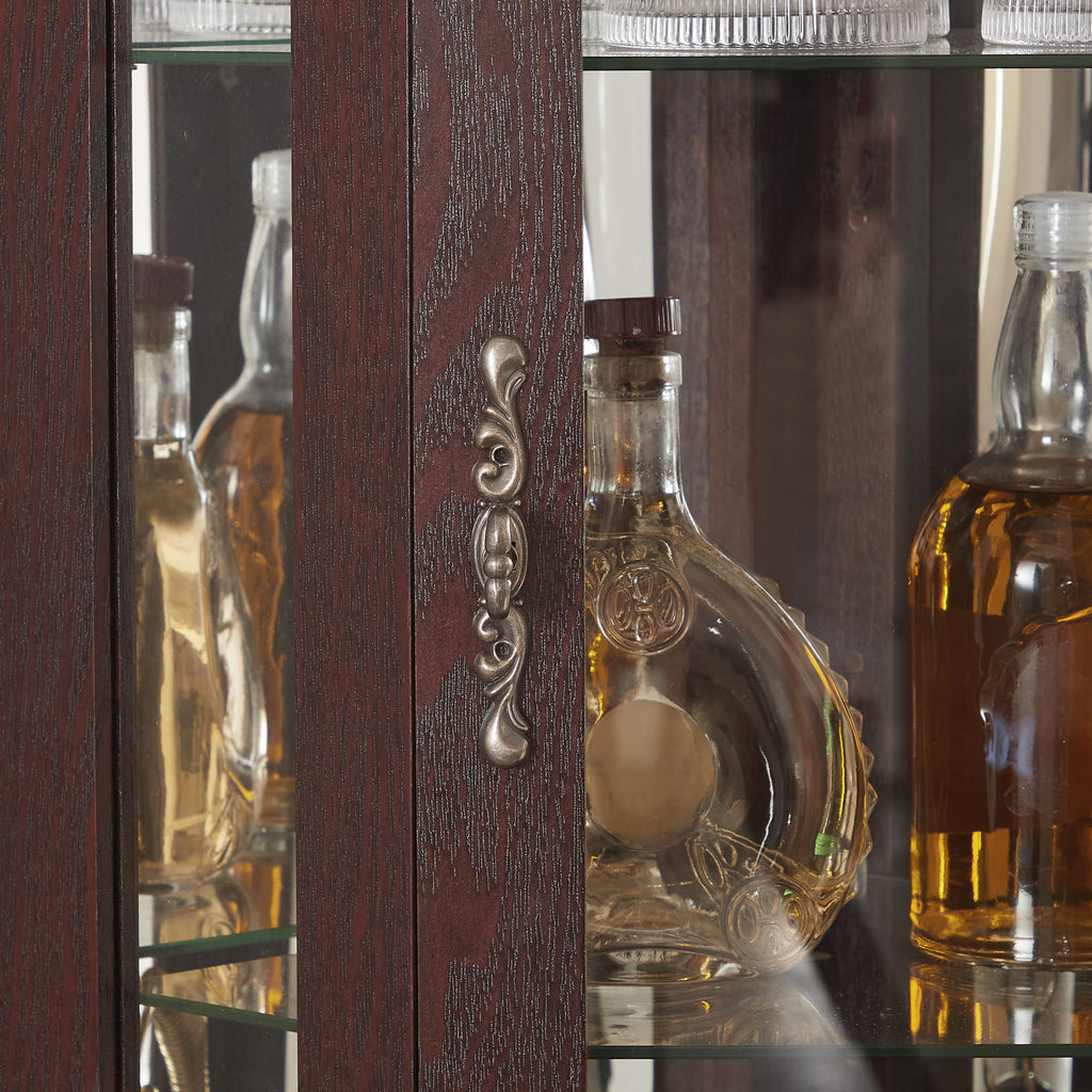 Lighted Corner Curio Cabinet - Glass Display Shelf with Tempered Glass Doors, Adjustable Shelving, and Included Bead Bulb - Ideal Bar Cabinet for Home Decor- DARK CHERRY